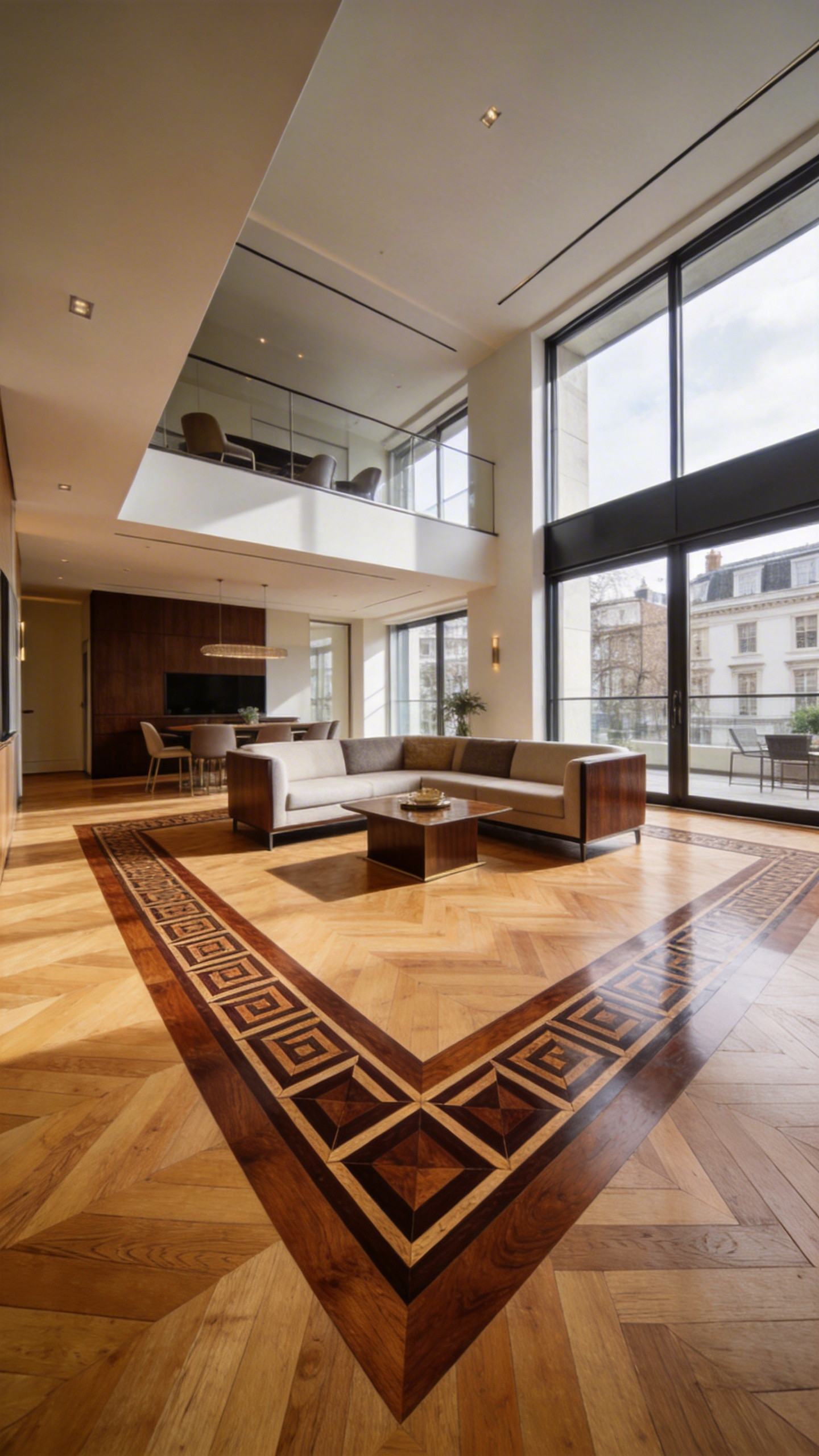 A spacious open-plan living room with oak parquet flooring featuring a decorative marquetry border that defines an intimate seating zone.
