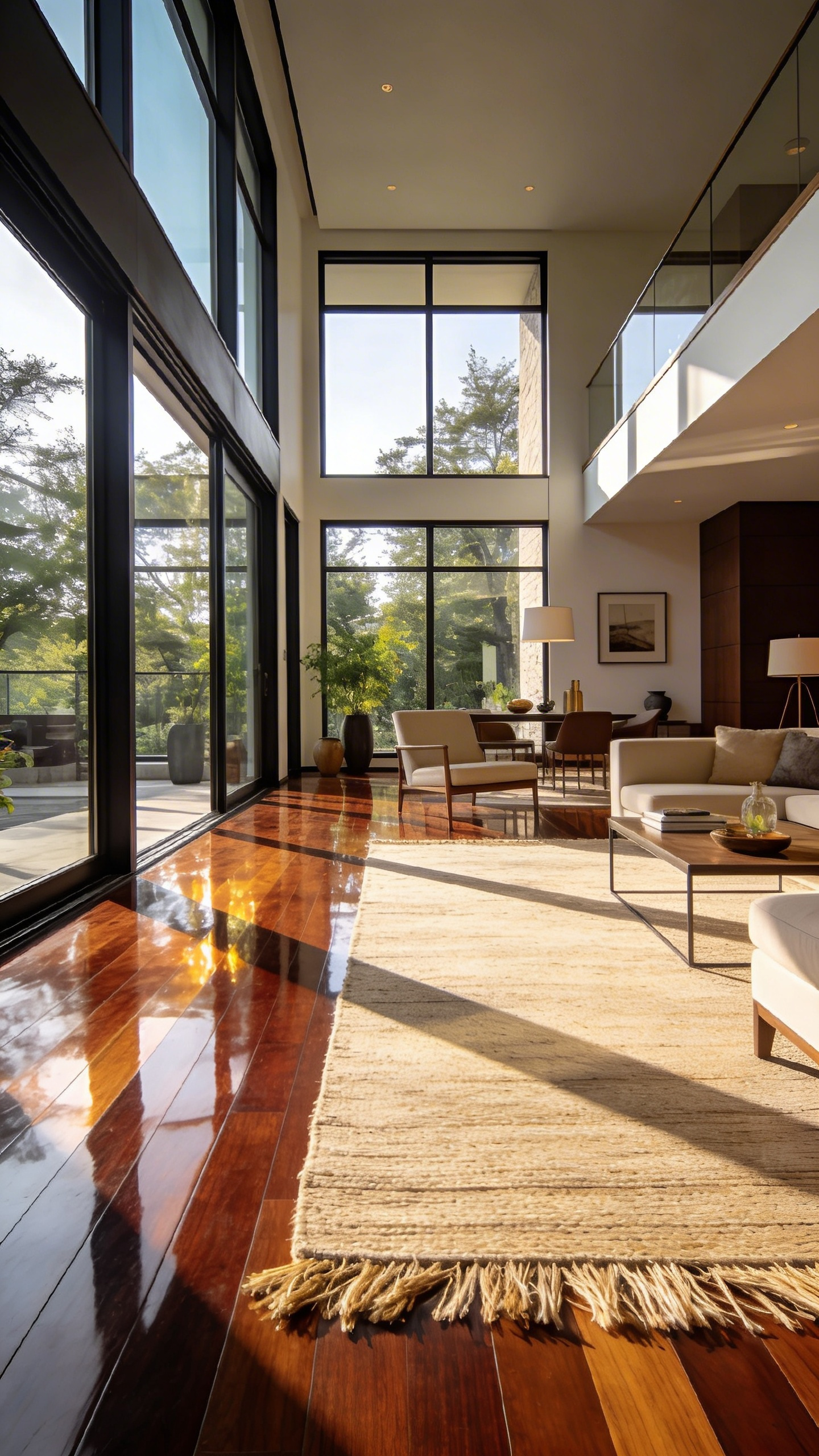 A luxurious living room flooring setup showcasing a pale jute rug layered on dark wood floors to enhance natural light reflectance.