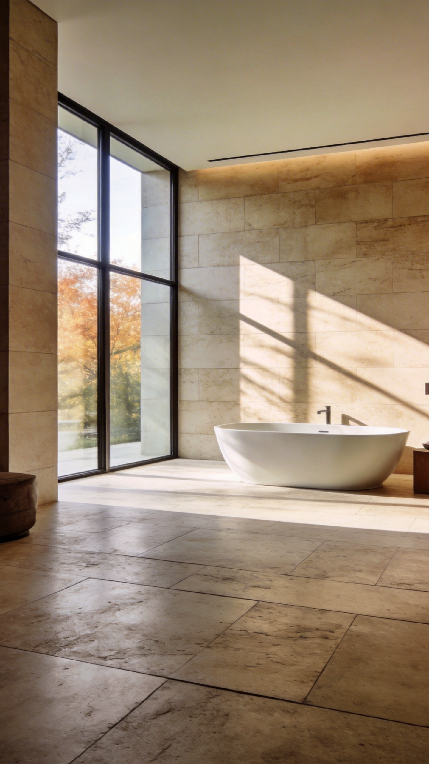 A modern luxury bathroom featuring large brushed limestone floor tiles and a minimalist freestanding tub bathed in natural light.