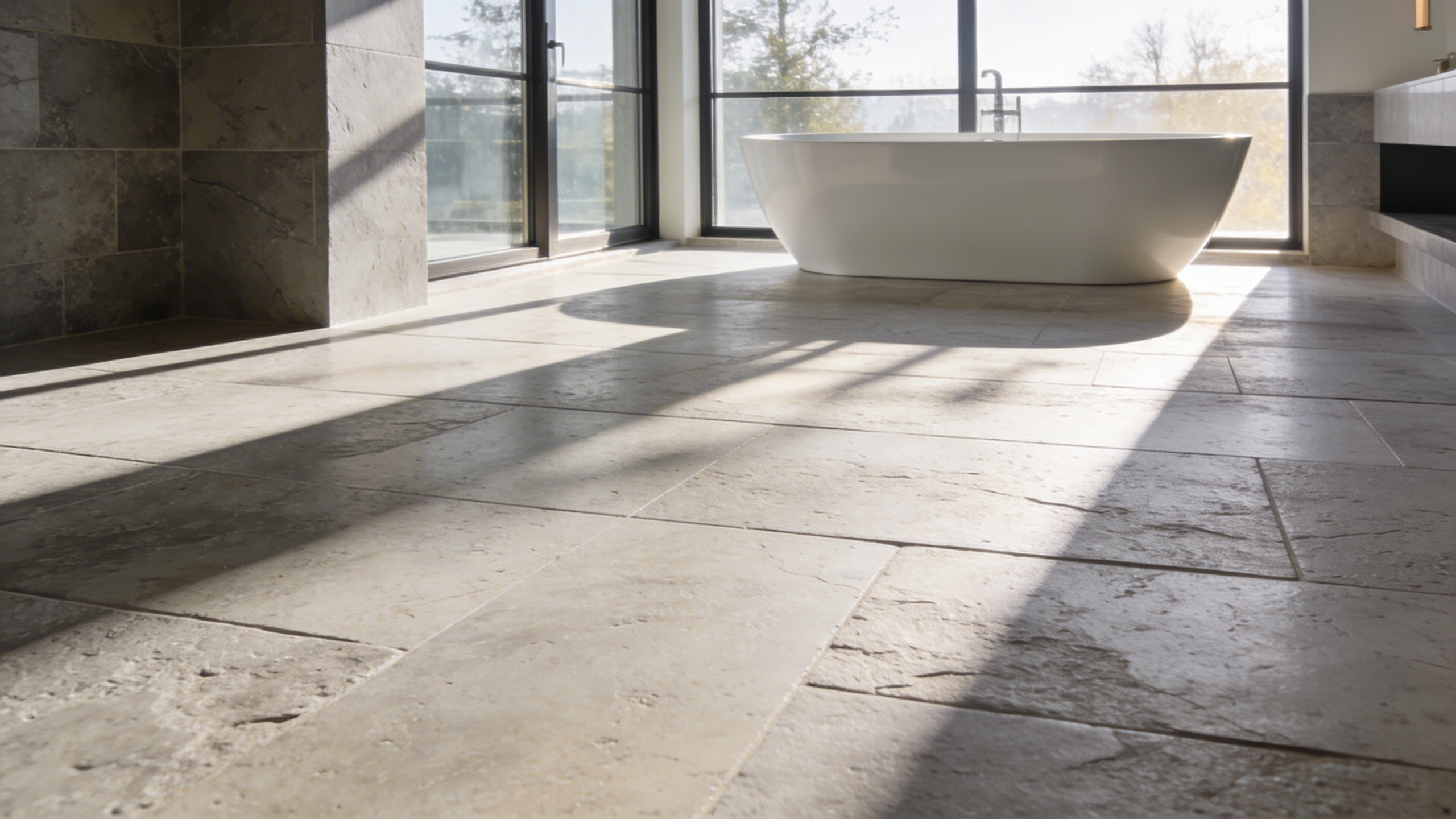 A modern luxury bathroom featuring large brushed limestone floor tiles and a minimalist freestanding tub bathed in natural light.