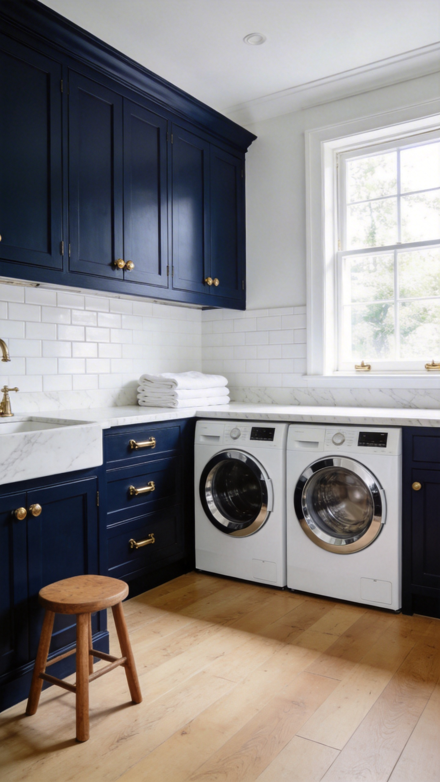 A sophisticated laundry room featuring deep navy blue lower cabinets and modern white appliances for a classic tuxedo design.
