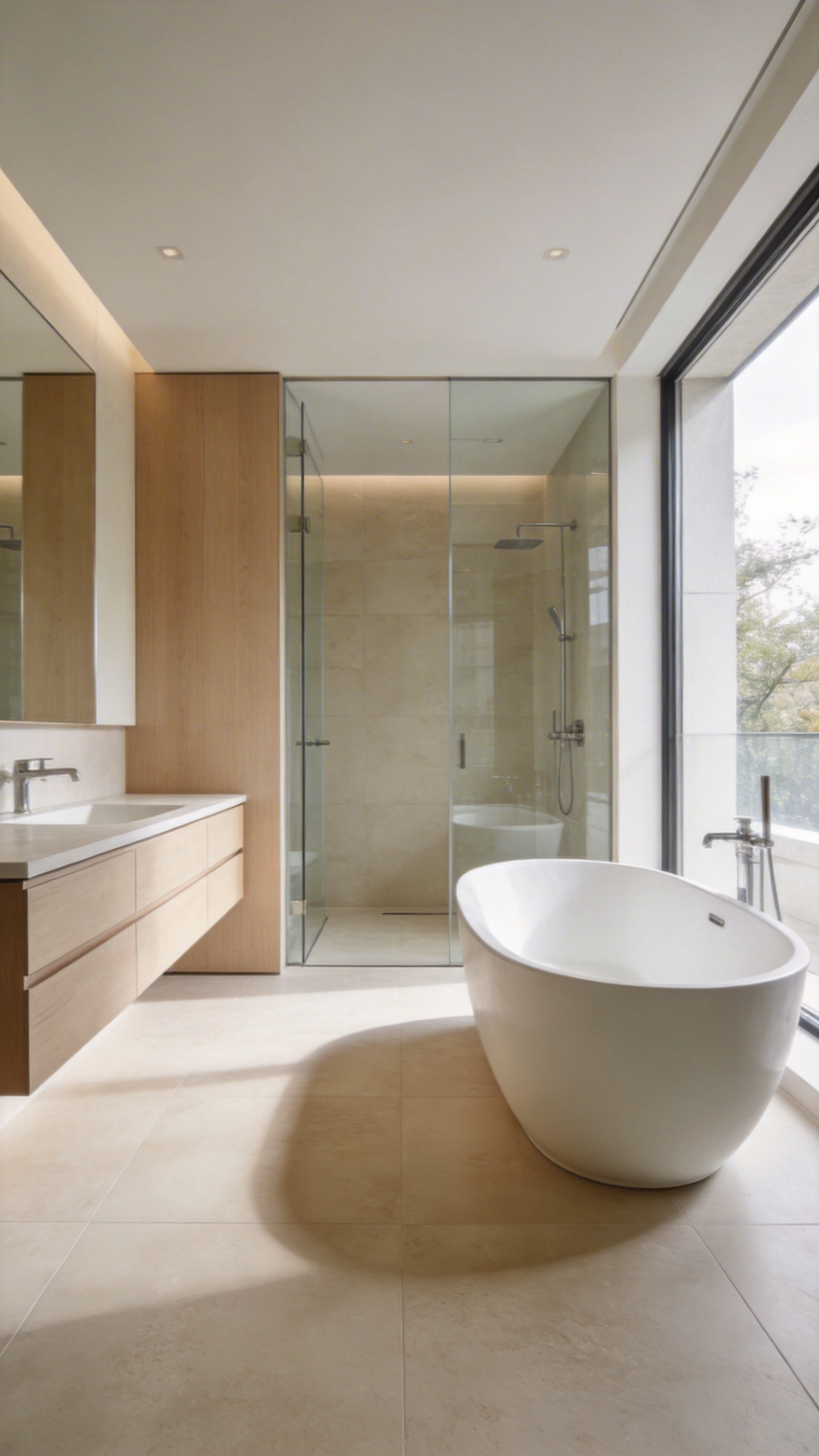 A bright modern bathroom with large sand-colored matte porcelain tile flooring and a white freestanding tub.