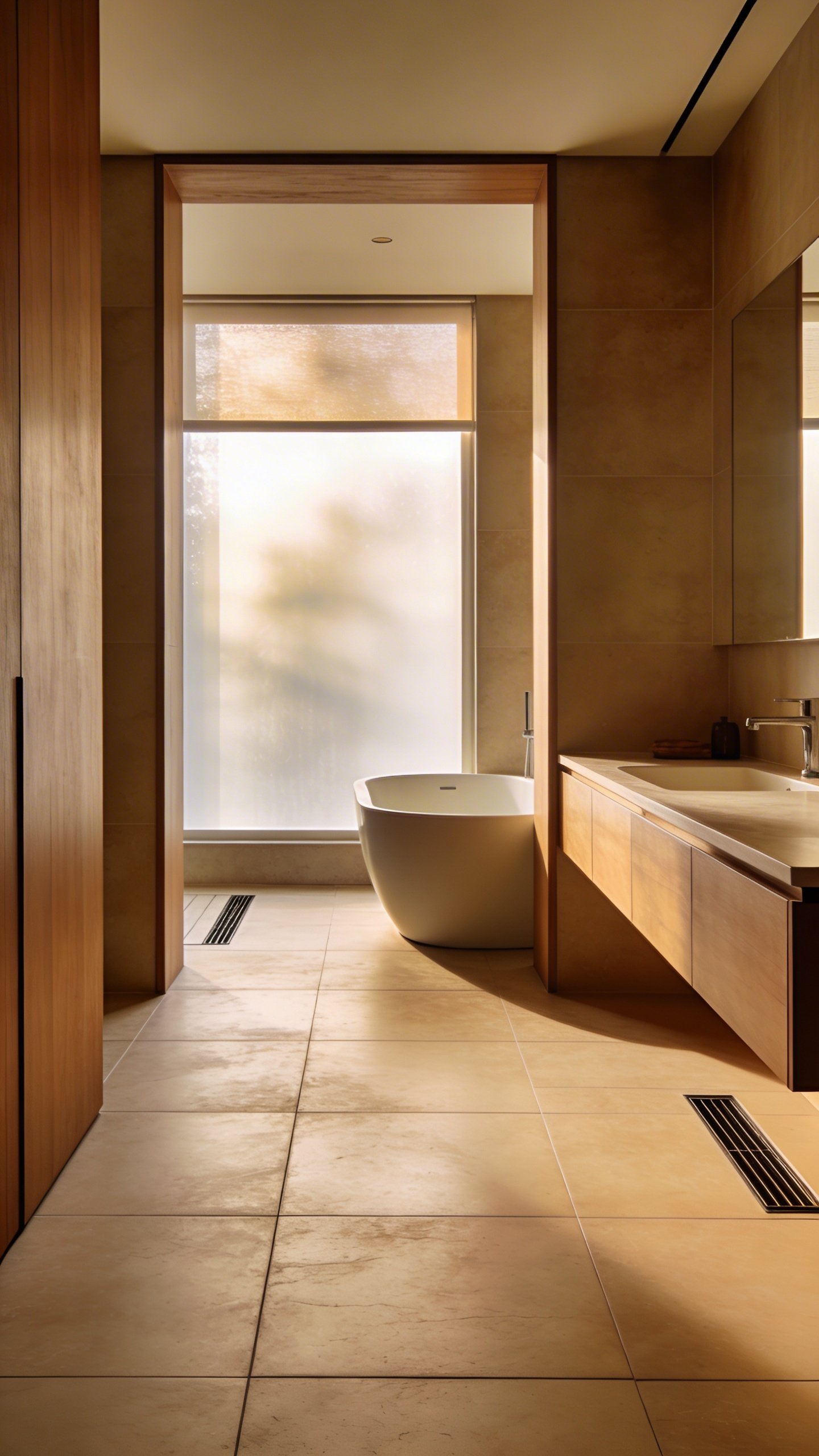 A spacious modern bathroom with large sand-colored floor tiles and a freestanding tub illuminated by soft natural light.