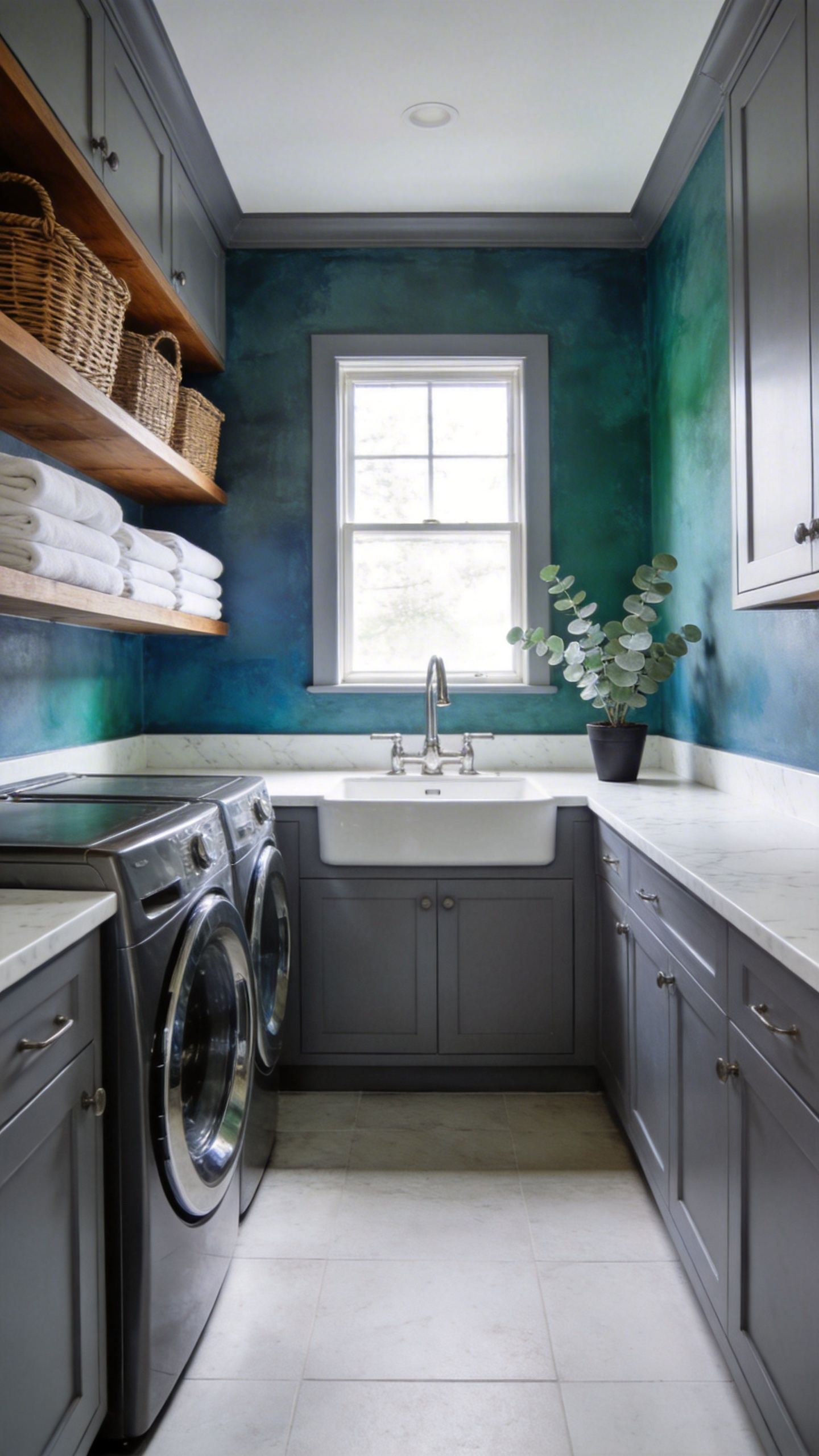 An elegant laundry room featuring muted french gray cabinetry and white marble counters under soft natural lighting.
