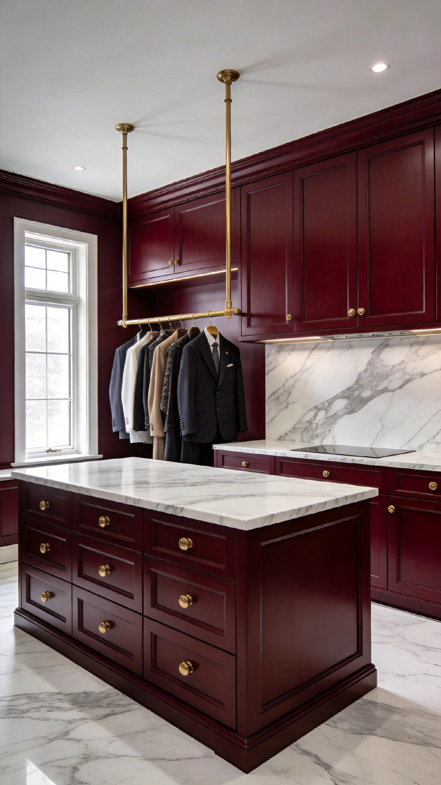 A high-end laundry room showcasing deep oxblood cabinets and white Carrara marble surfaces with brass fixtures.