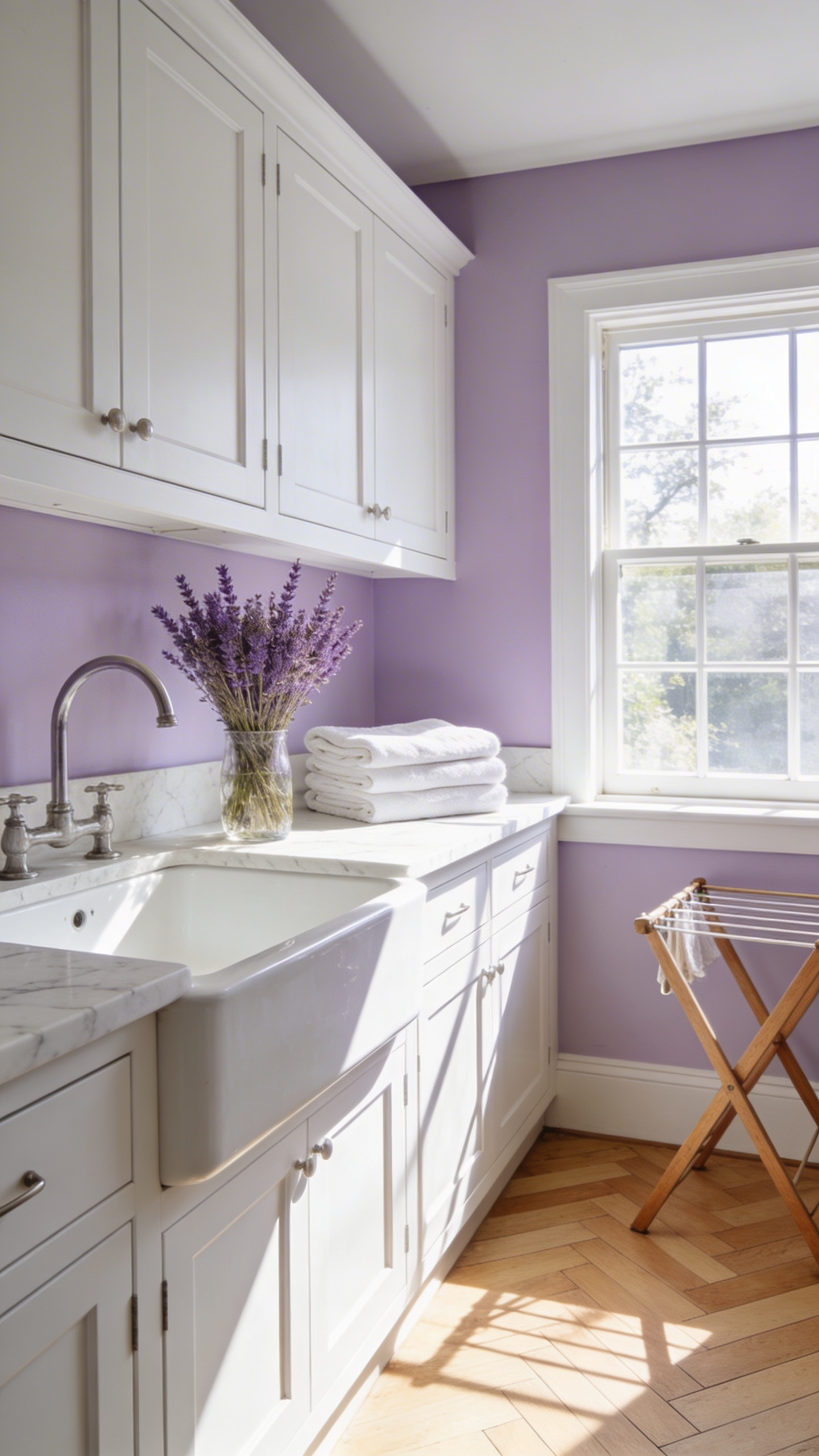 A bright and airy laundry room featuring pale lavender walls, white cabinetry, a large farmhouse sink, and bundles of dried lavender on a marble countertop.