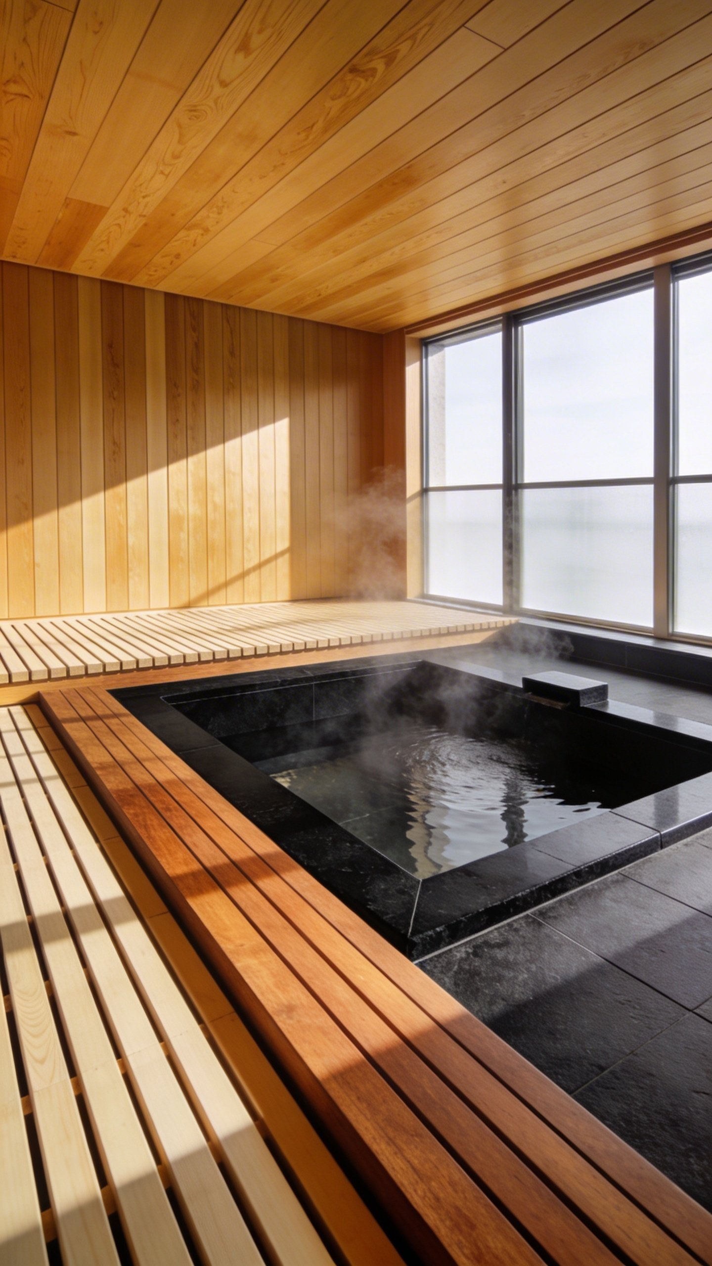 A luxury bathroom featuring a raised slatted platform made of Hinoki and Teak wood with a modern stone soaking tub.
