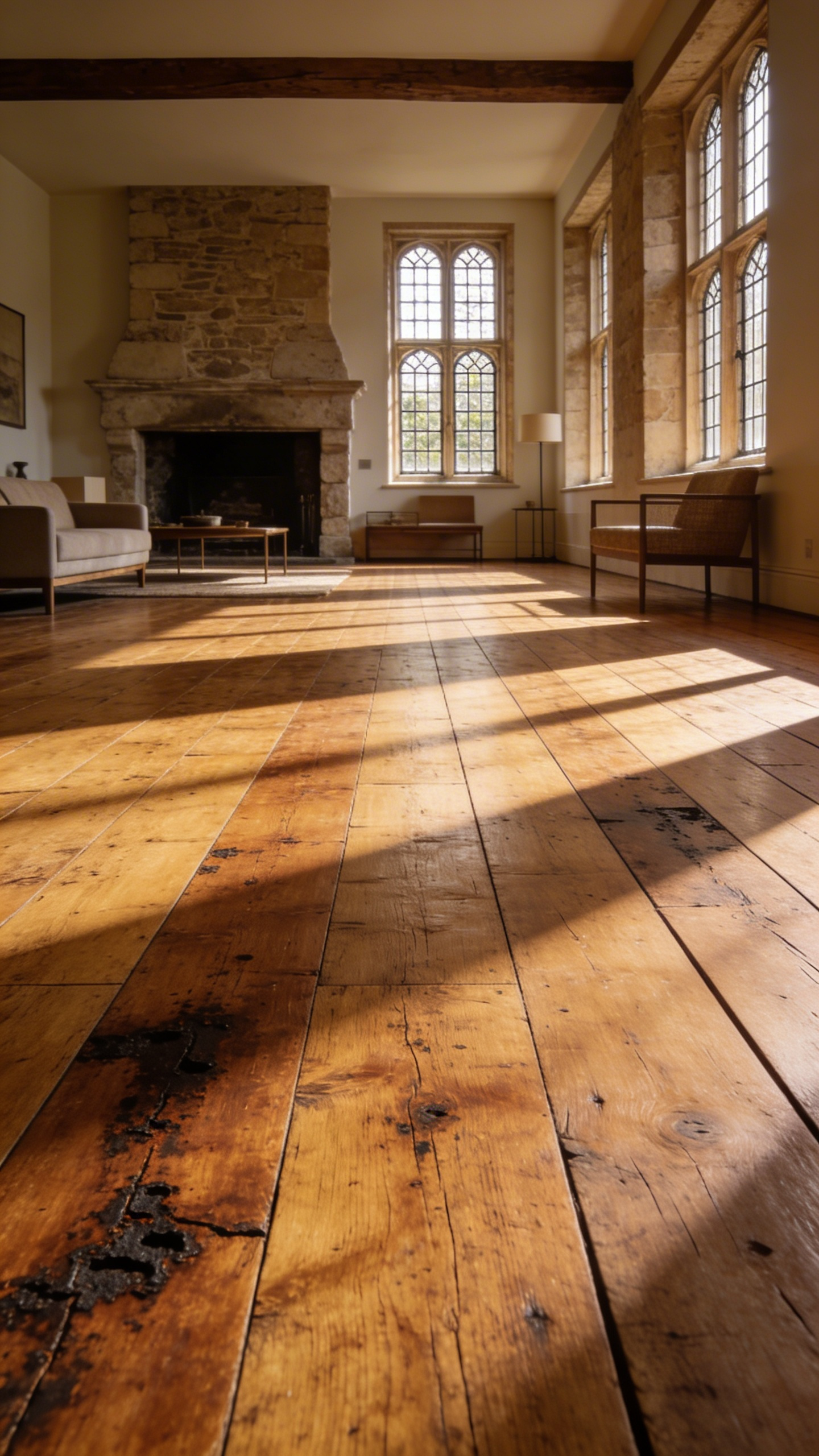 A spacious living room with historic reclaimed English oak wide-plank flooring featuring natural iron stains and a rich patina under soft sunlight.