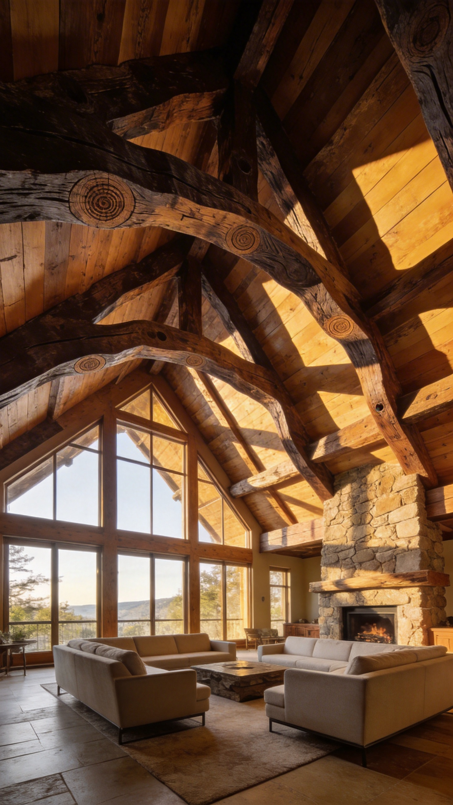 A high-vaulted rustic living room featuring asymmetrical reclaimed timber beams as a sculptural ceiling statement with natural light.