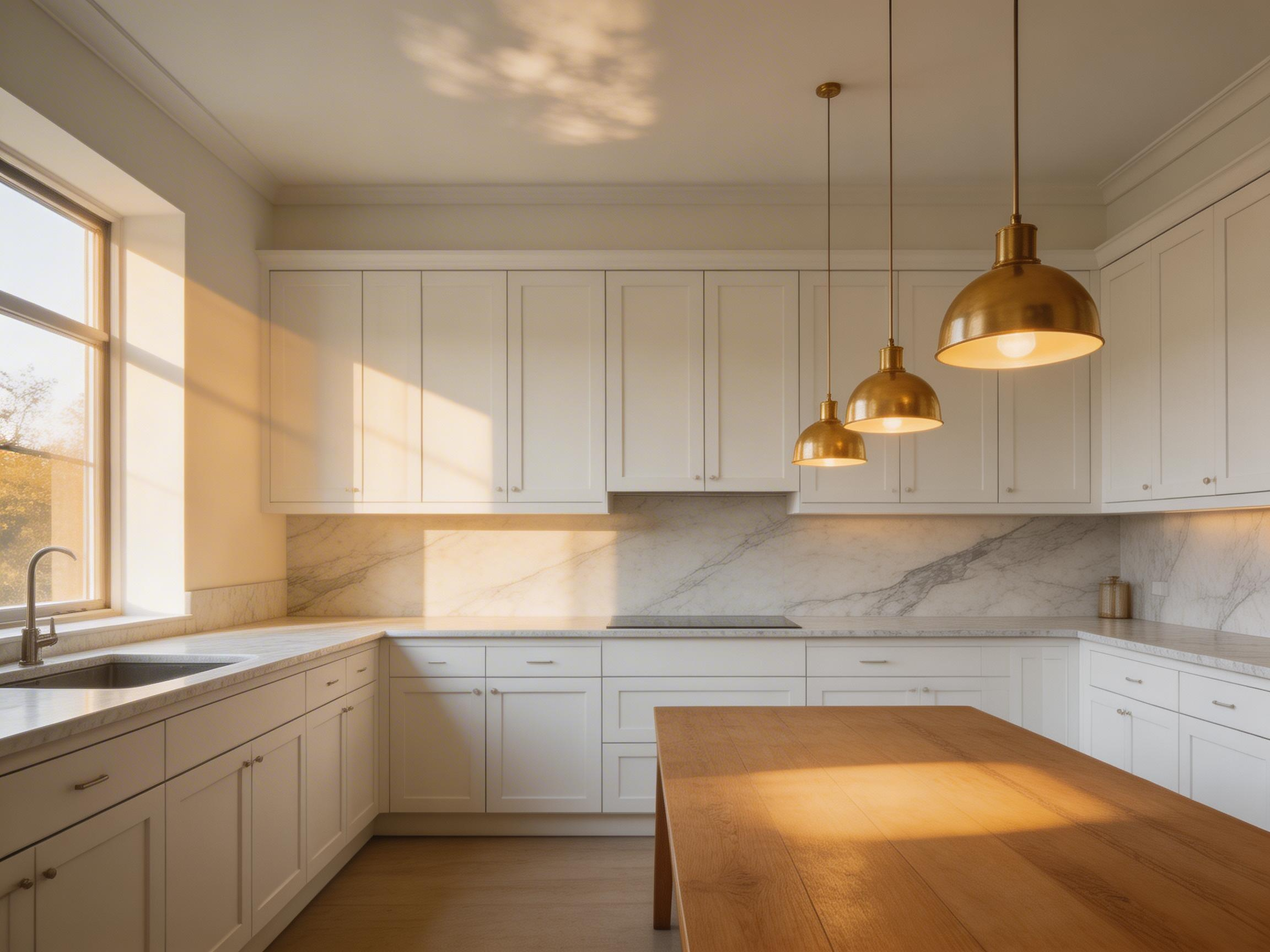 A warm British kitchen interior with a cluster of brass pendants as kitchen lighting over table, casting an intimate pool of light above the oak dining surface.
