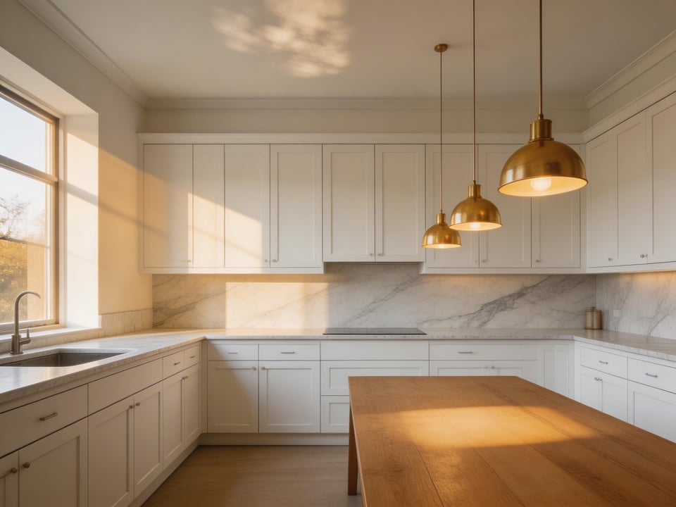 A warm British kitchen interior with a cluster of brass pendants as kitchen lighting over table, casting an intimate pool of light above the oak dining surface.