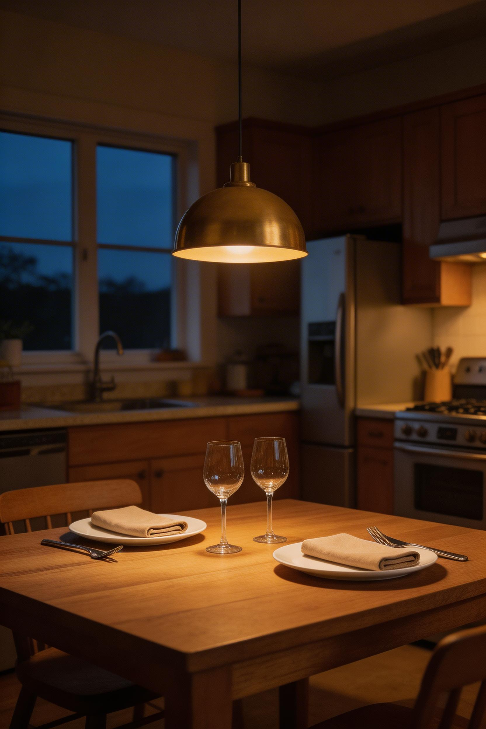 Dimmed to thirty percent, a brass pendant transforms kitchen lighting over table from work light to intimate dinner atmosphere — the dimmer's most compelling use case demonstrated.