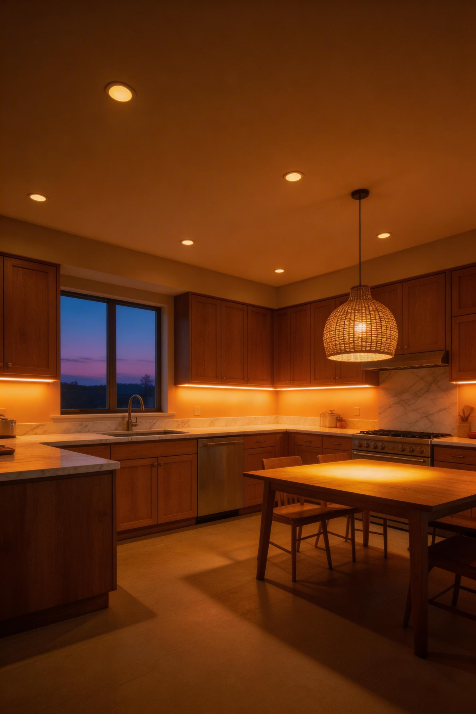 Three lighting layers working in concert: recessed ambient ceiling lights, under-cabinet task strips, and a rattan pendant as the focus of kitchen lighting over table — each zone independently controlled.