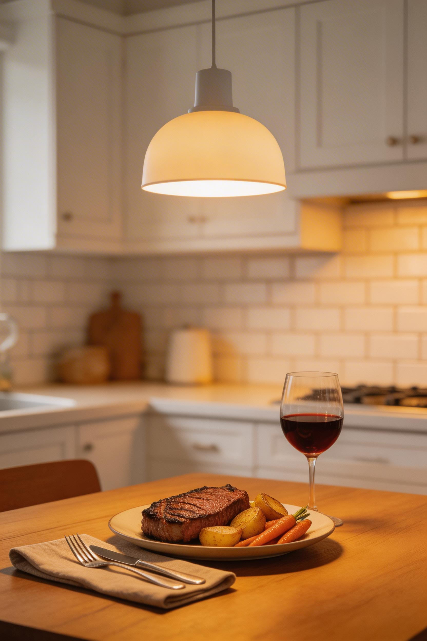 The right colour temperature for kitchen lighting over table: 2700K warm white light enhances food tones and creates an intimate, appetising dining atmosphere that cooler bulbs simply cannot match.