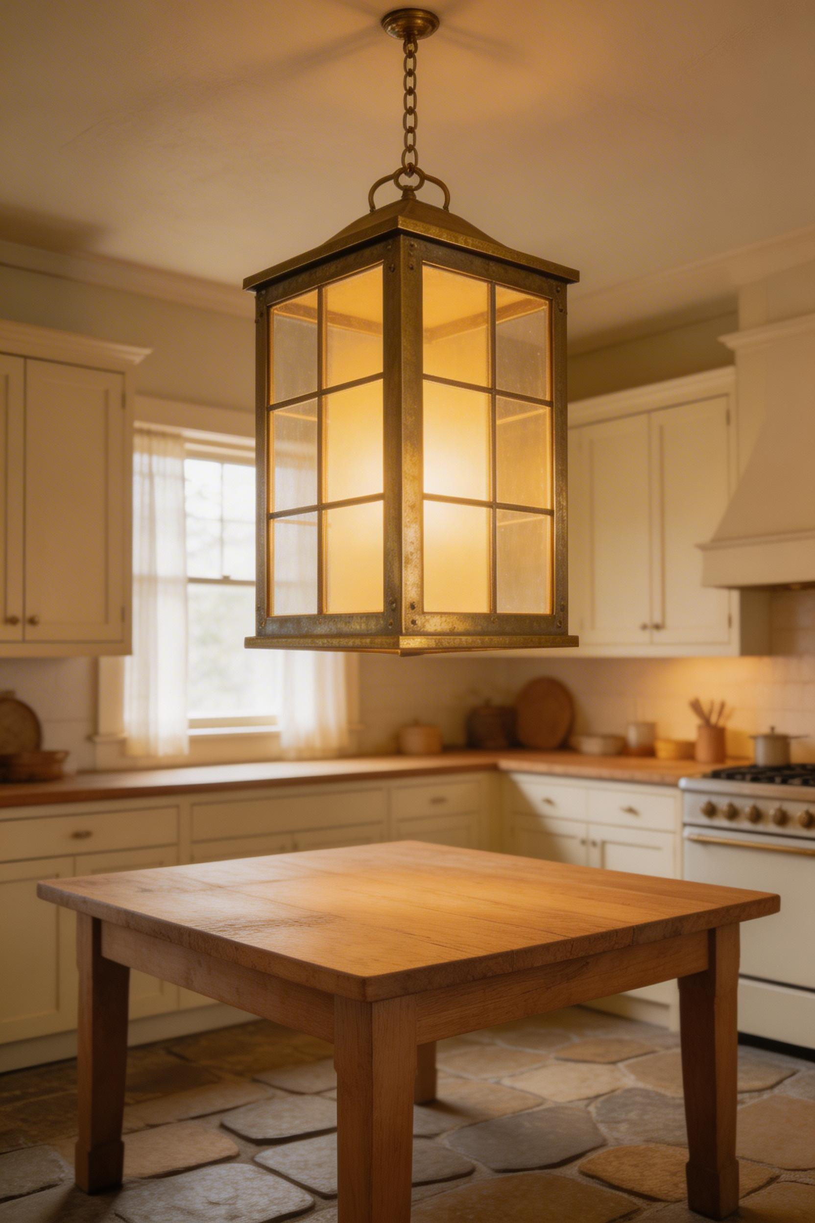 A glass-and-brass box lantern pendant brings centuries of domestic credibility to kitchen lighting over table, its enclosed warm glow suiting the stone floor and cream Shaker cabinetry of a heritage farmhouse kitchen.