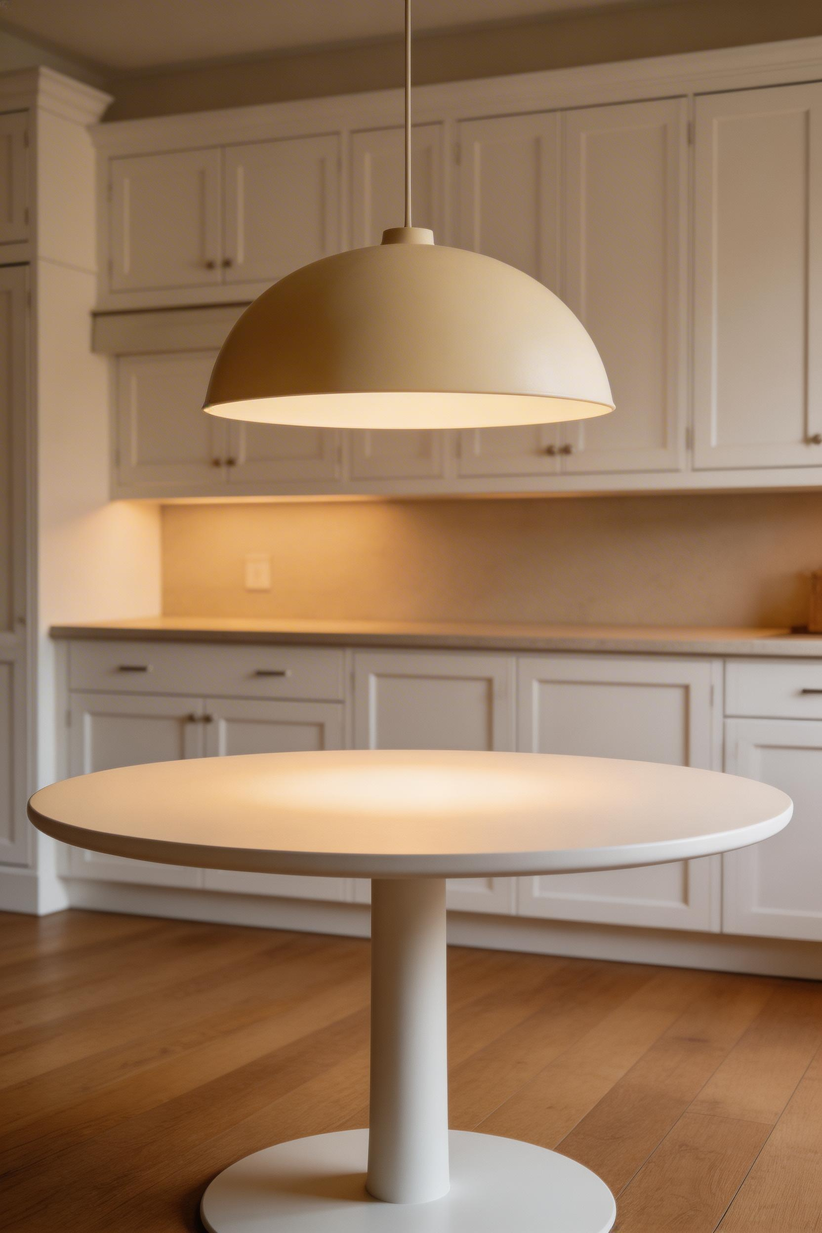 A single statement ceramic dome pendant as kitchen lighting over table — confident, uncluttered, and perfectly scaled to the white round table beneath it.