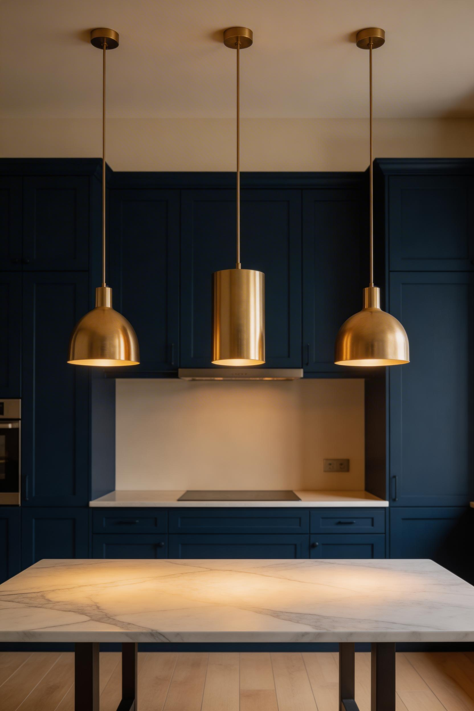 A cluster of three brushed brass pendants at varied heights creates a sculptural composition as kitchen lighting over table, combining art installation quality with effective downward illumination.