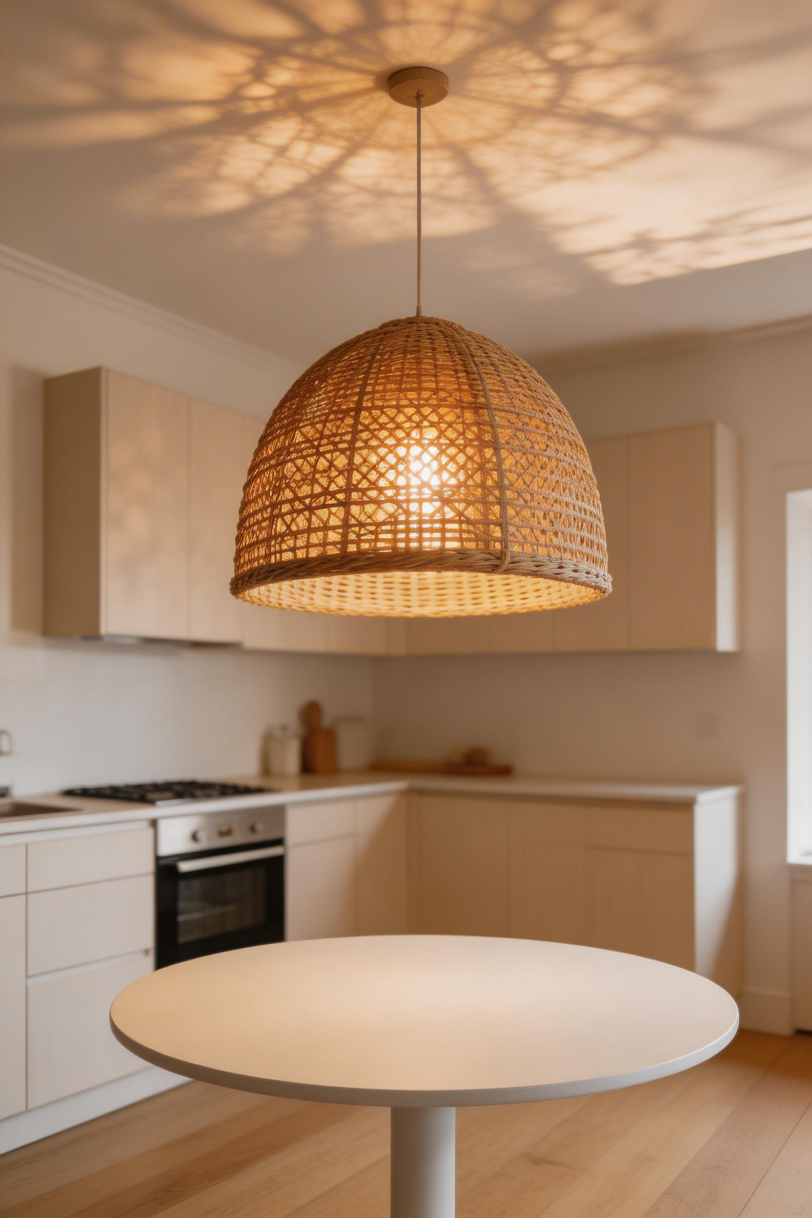Handwoven rattan as kitchen lighting over table: the woven texture filters warm light to create organic dappled patterns on the ceiling and walls, bringing natural warmth to a contemporary white kitchen.