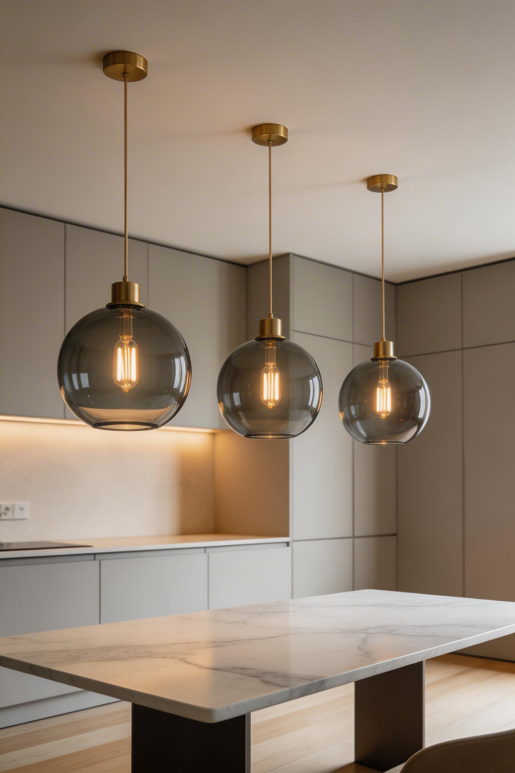 Three smoked glass globe pendants at varied heights provide sophisticated kitchen lighting over table, the warm filament glow visible through the tinted glass creating an intimate dining atmosphere.