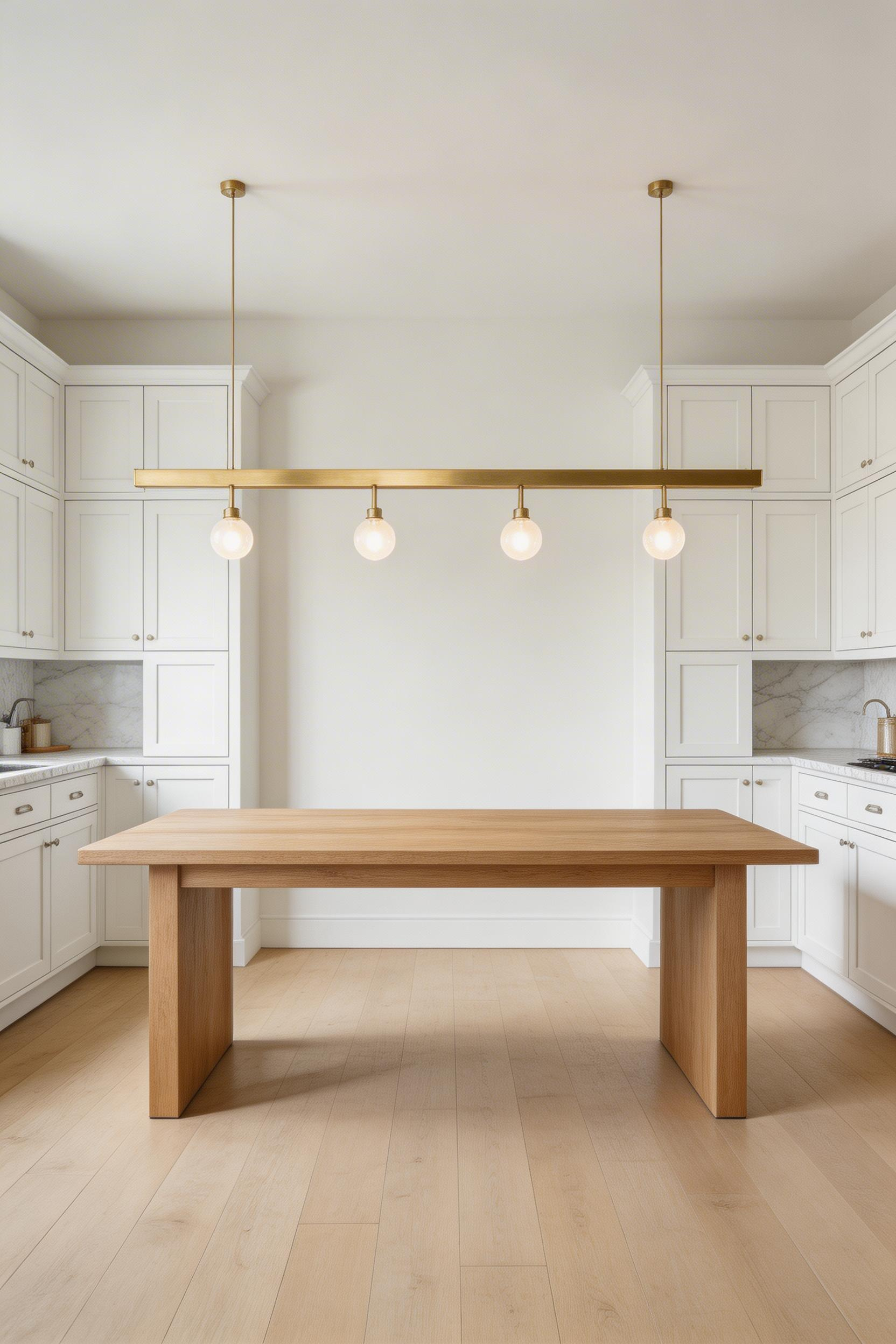 A slim brushed brass linear pendant bar provides architecturally resolved kitchen lighting over table above a rectangular oak surface, its horizontal form rhyming with the table below.