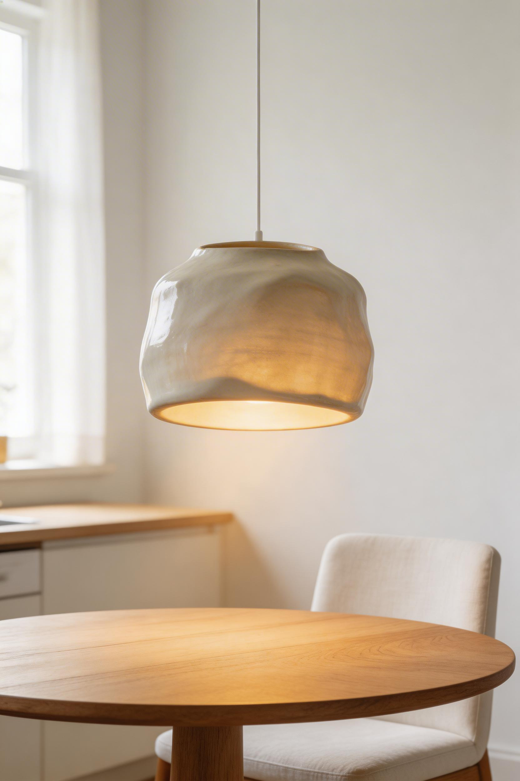 A hand-thrown cream stoneware ceramic pendant shade provides intimate kitchen lighting over table, its slightly irregular organic form glowing from within to cast soft, diffuse warmth on the oak table below.
