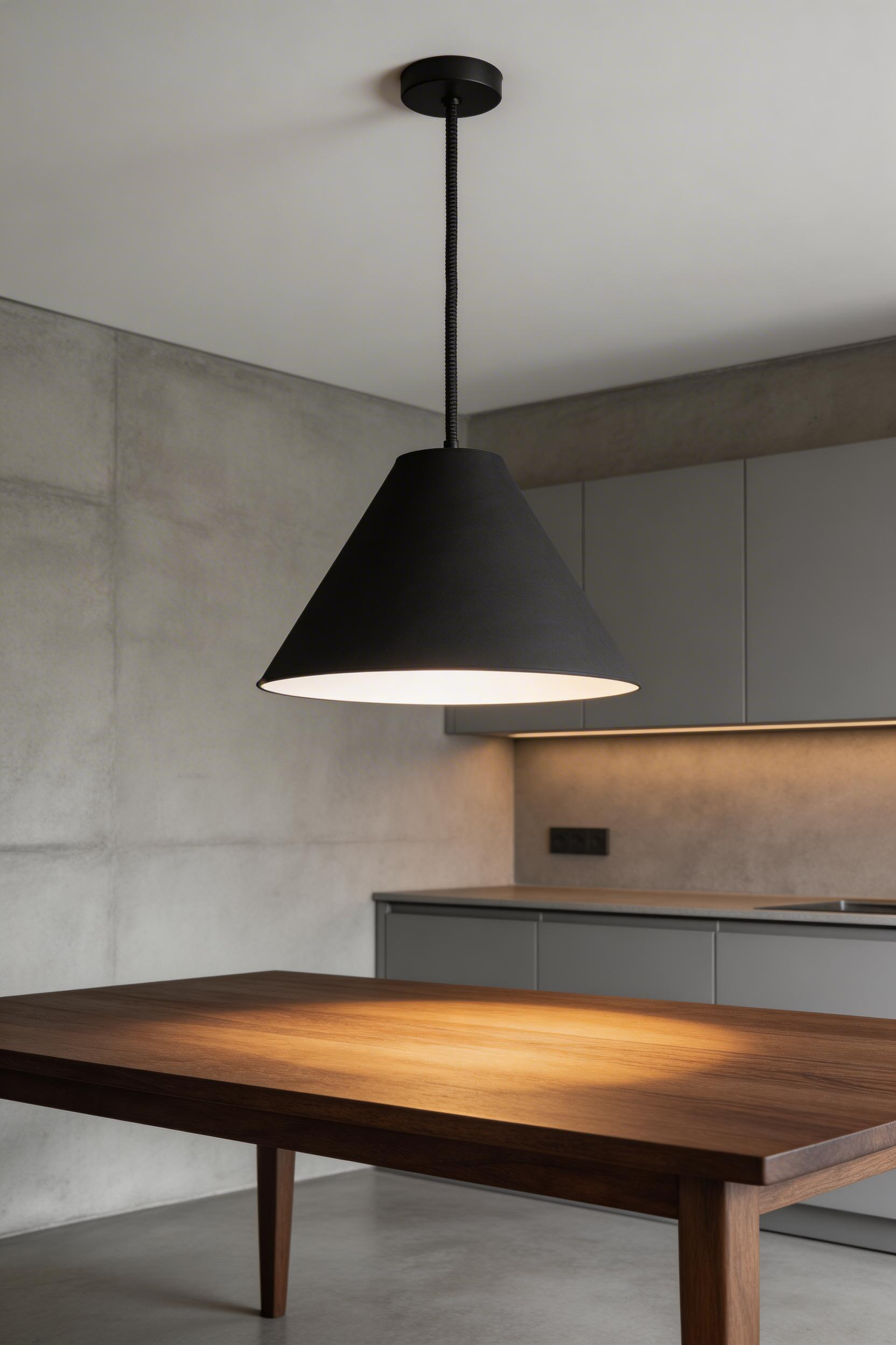 A matte black barn-shade pendant delivers graphic industrial kitchen lighting over table, its downward-focused beam casting clean light on the dark walnut surface below.