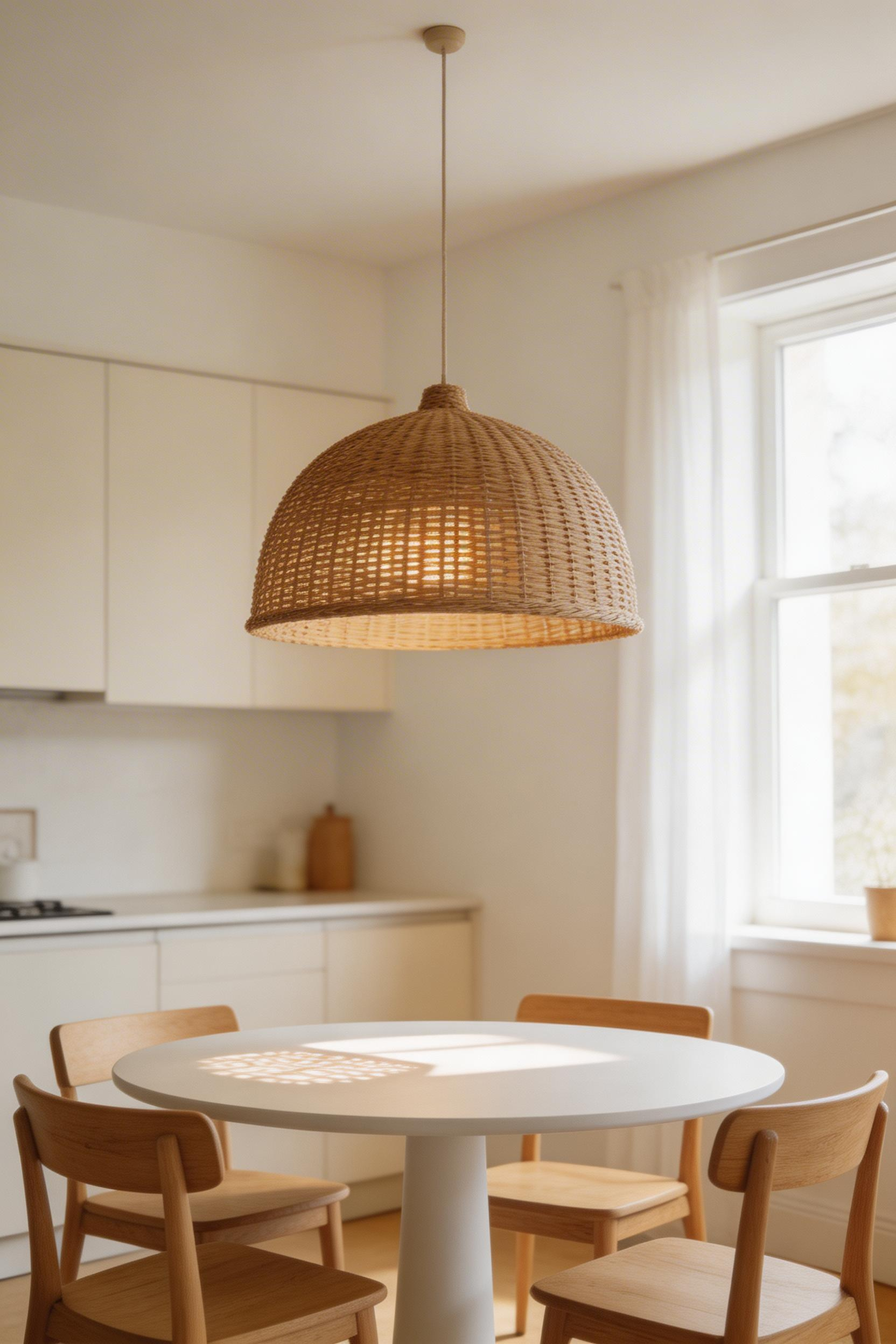 Correct pendant scale — this rattan dome pendant is sized at roughly two-thirds the table width, demonstrating how well-proportioned kitchen lighting over table anchors the dining space without dominating it.