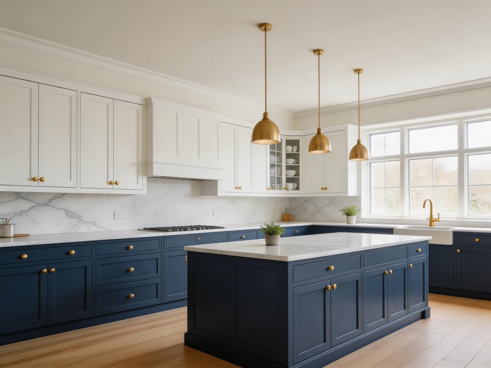 A two-tone navy and white kitchen — the most enduring of the blue kitchen ideas — demonstrates how colour at cabinet level grounds a room without making it feel heavy.