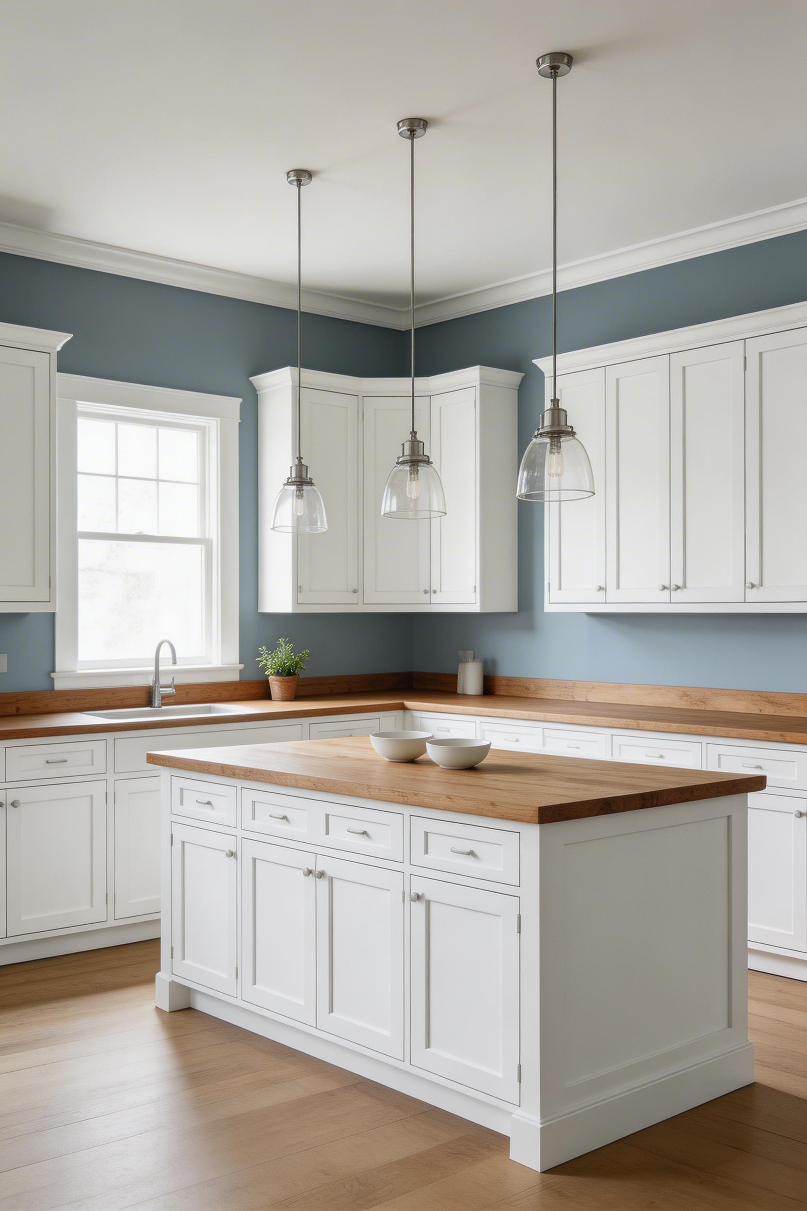 Slate blue walls behind white cabinets create a sophisticated backdrop — one of the more reversible blue kitchen ideas that changes the character of a room without touching the joinery.