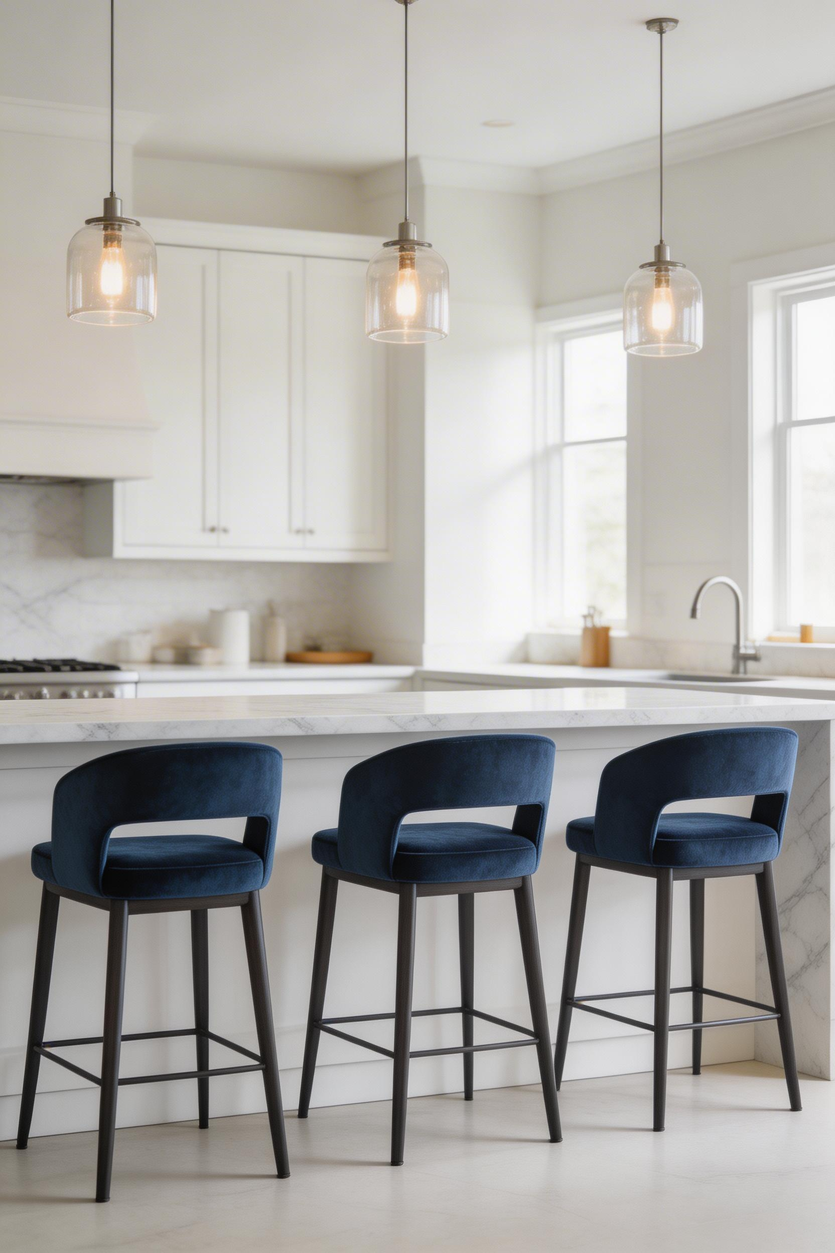 Blue velvet bar stools are the entry-level version of blue kitchen ideas — the lowest commitment, the most portable, and arguably the fastest visual impact per pound spent.