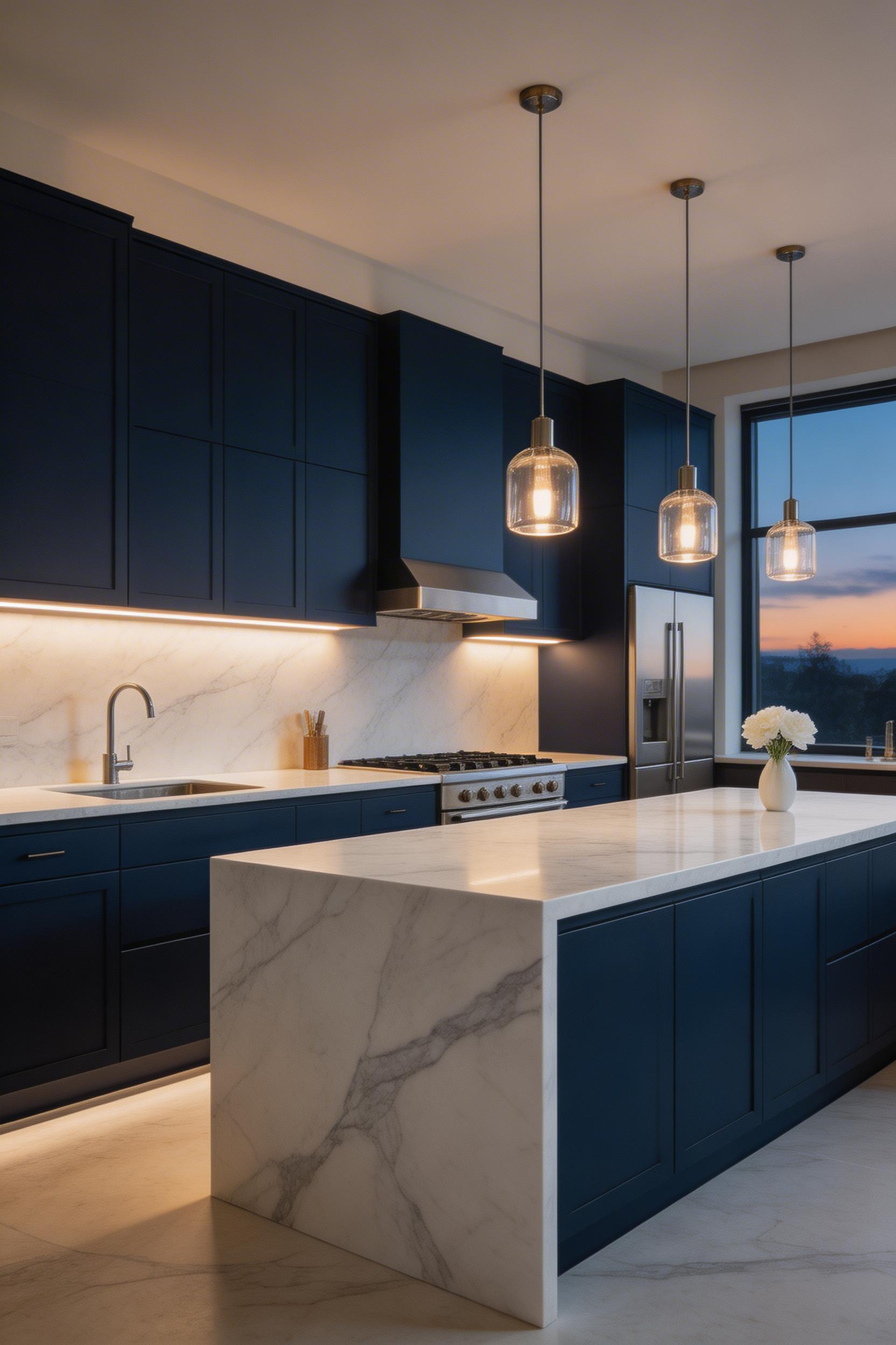 Midnight blue cabinets with marble countertops represent the most formal of the blue kitchen ideas — a combination that reads as luxurious because of the maximum contrast between dark cabinetry and light stone.