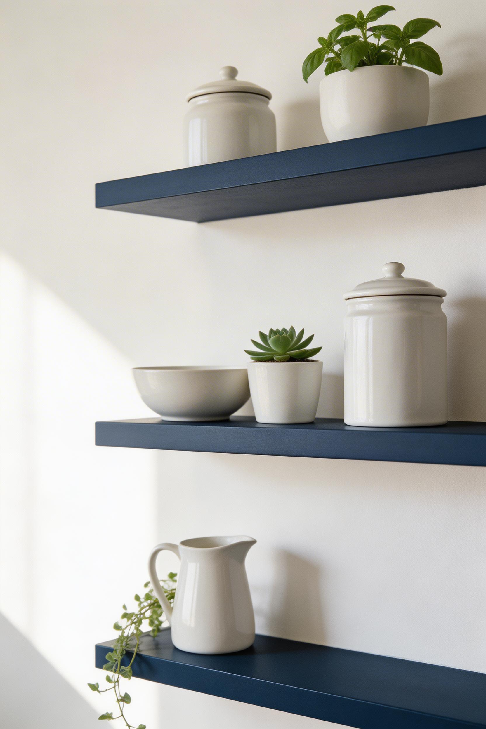 Indigo open shelving introduces one of the boldest blue kitchen ideas at a fraction of the cost and commitment of painted cabinetry — entirely removable if the direction changes.