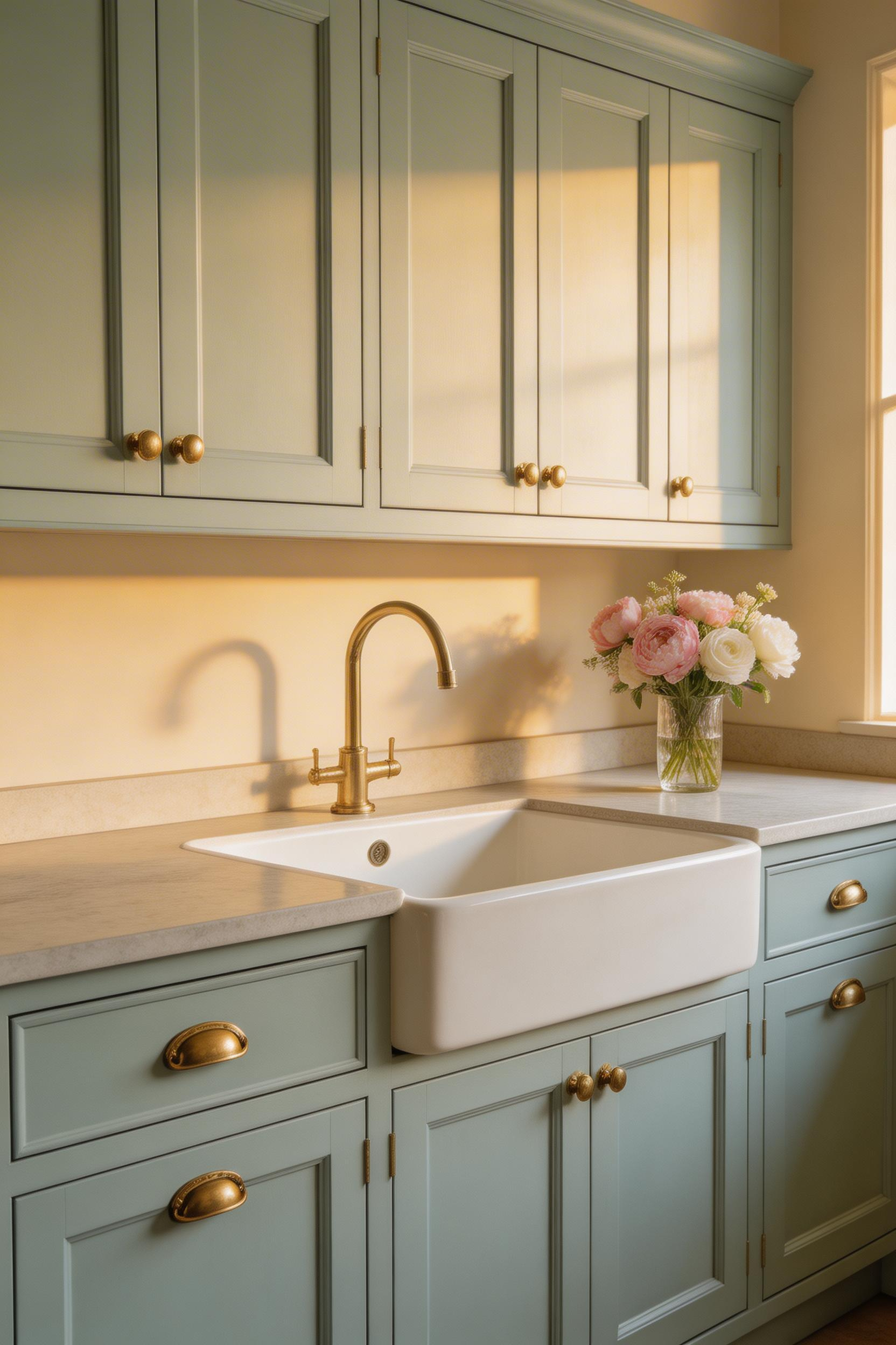 Duck egg blue with unlacquered brass is one of the most enduring heritage blue kitchen ideas — both elements share warm undertones that reinforce each other naturally.