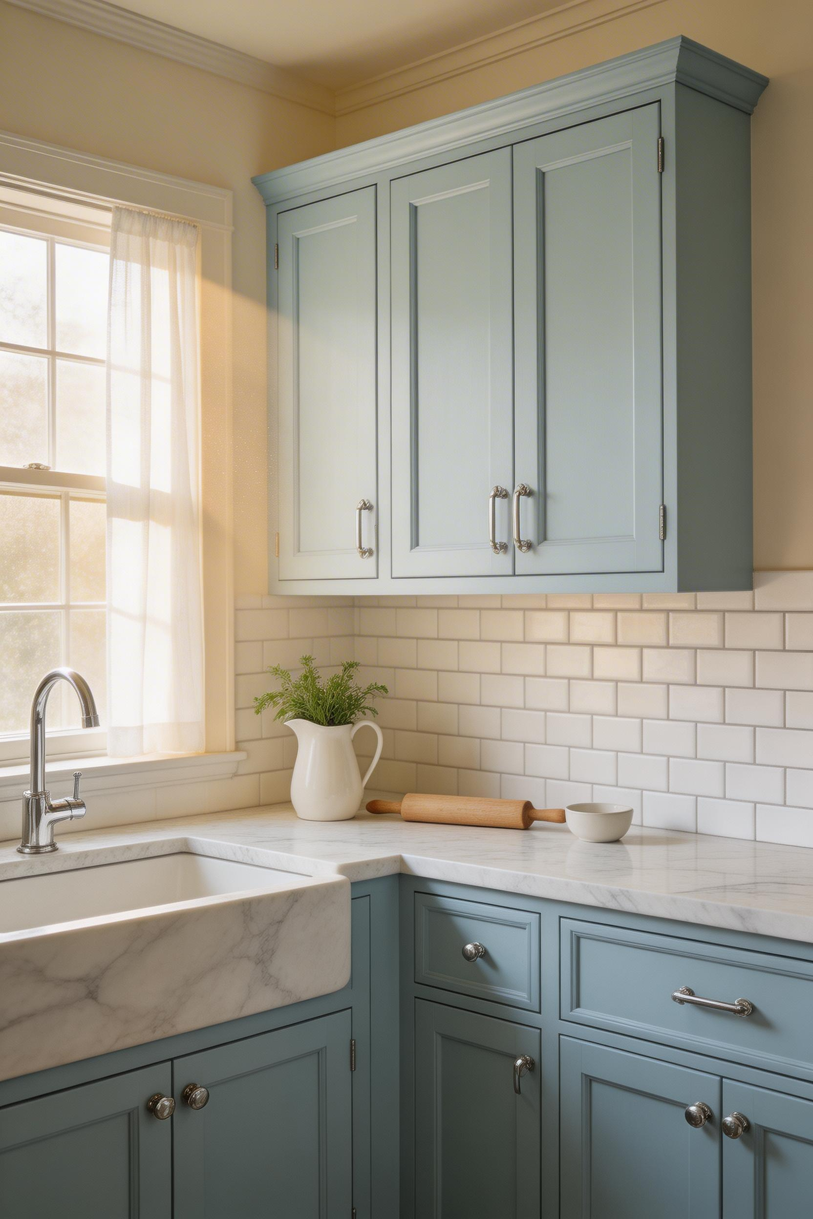 Powder blue Shaker cabinets are one of the most forgiving blue kitchen ideas for rooms without strong natural light — the pale tone keeps the space feeling open.