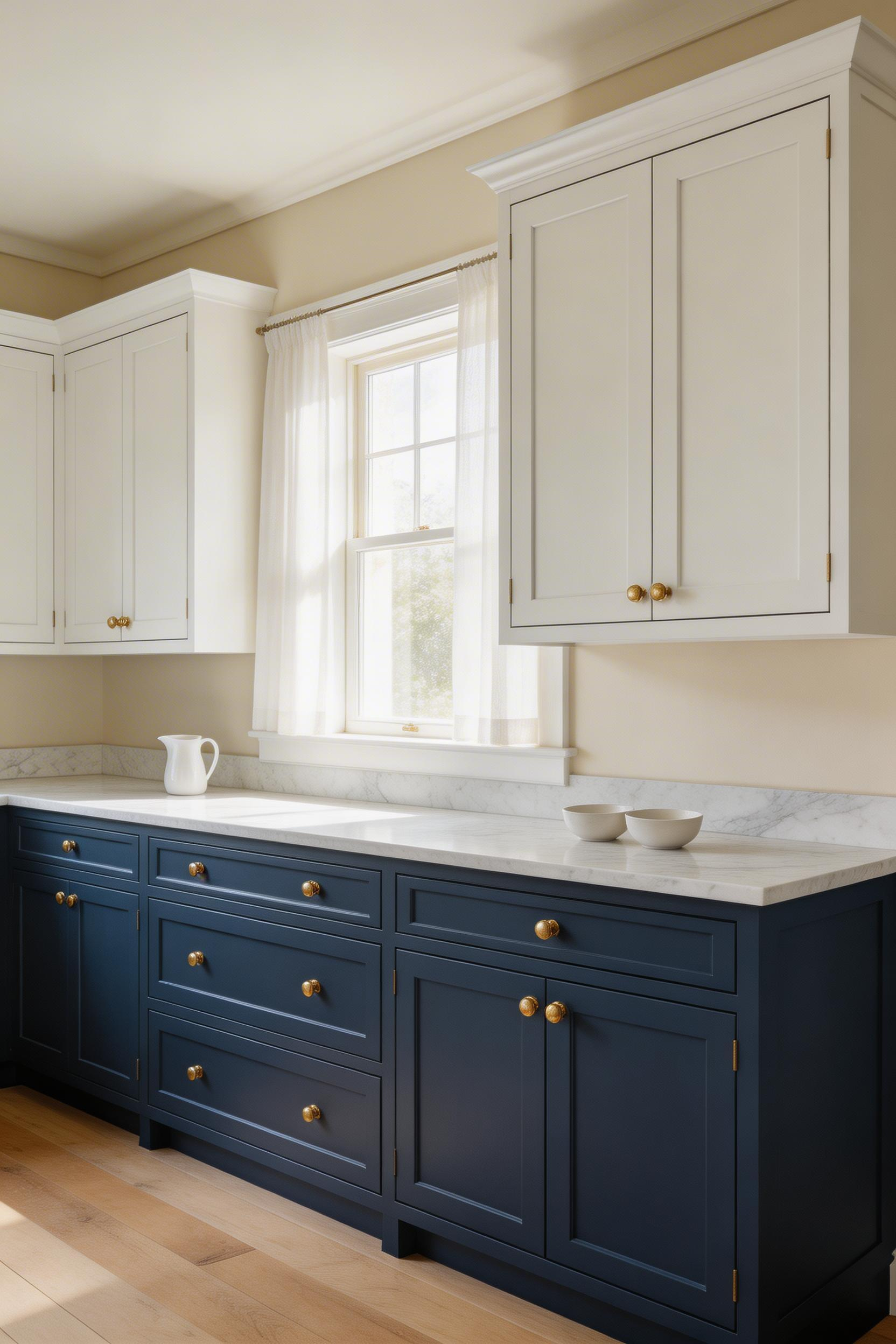 Navy lower cabinets with white uppers is one of the most reliable blue kitchen ideas — the contrast grounds the room while keeping the upper half light.