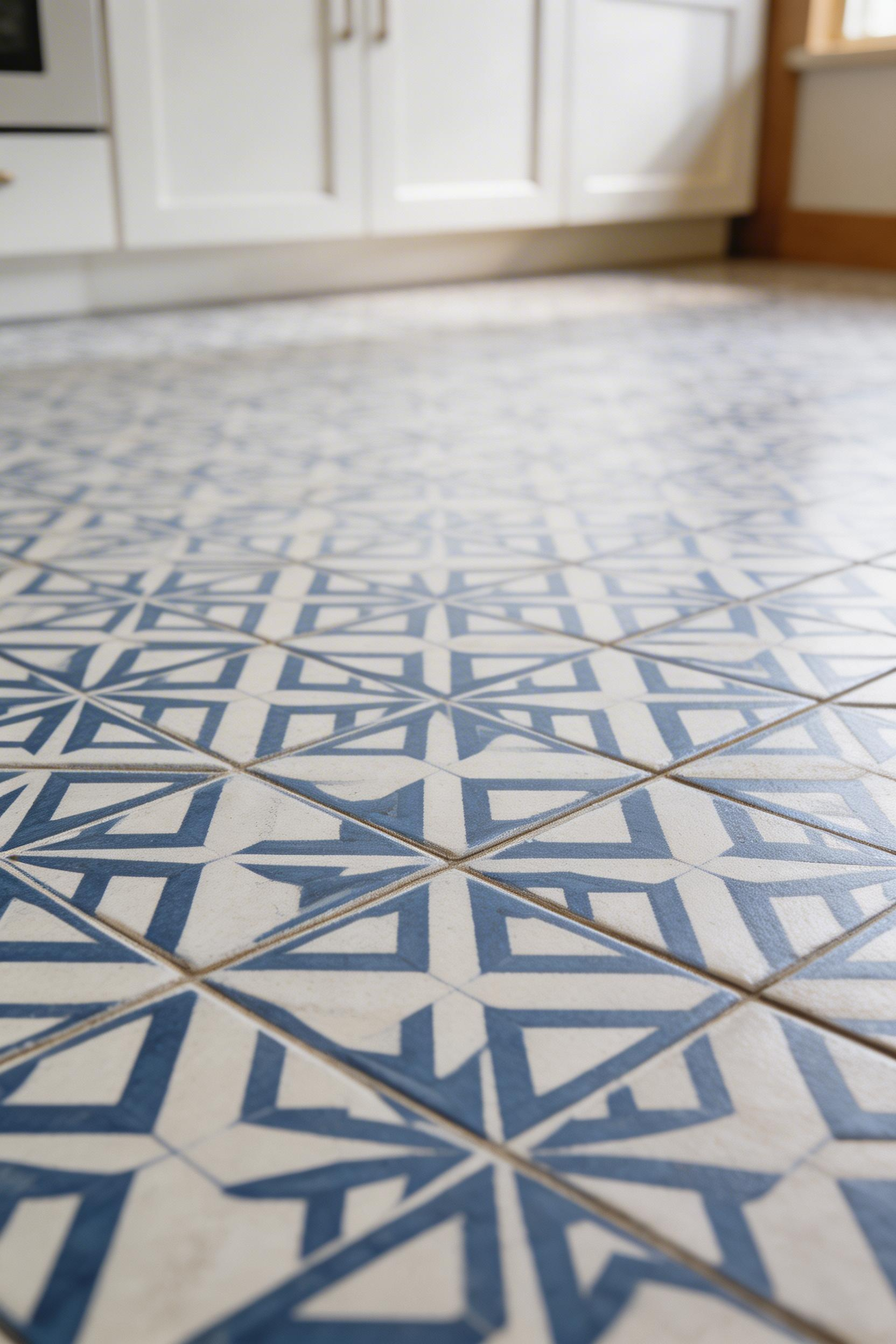 Blue kitchen floor tiles are the highest-commitment of the blue kitchen ideas — but also the most visually transformative, anchoring the entire room around a single design decision.