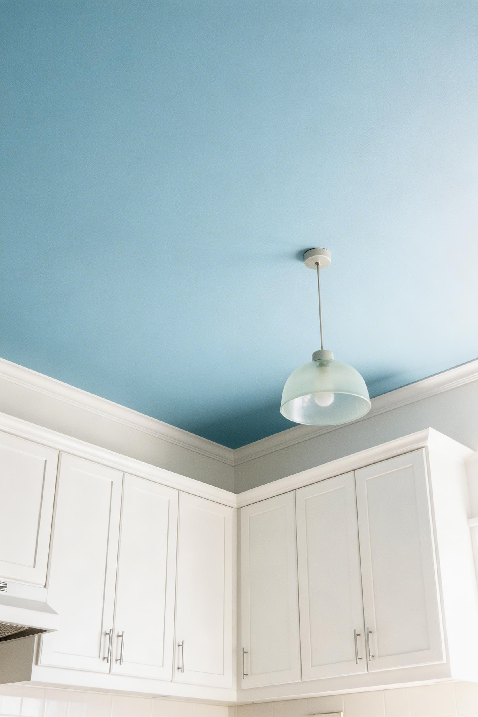 A sky blue kitchen ceiling is one of the most subtle and reversible blue kitchen ideas — the colour adds atmosphere without making the room feel smaller or the walls feel crowded.