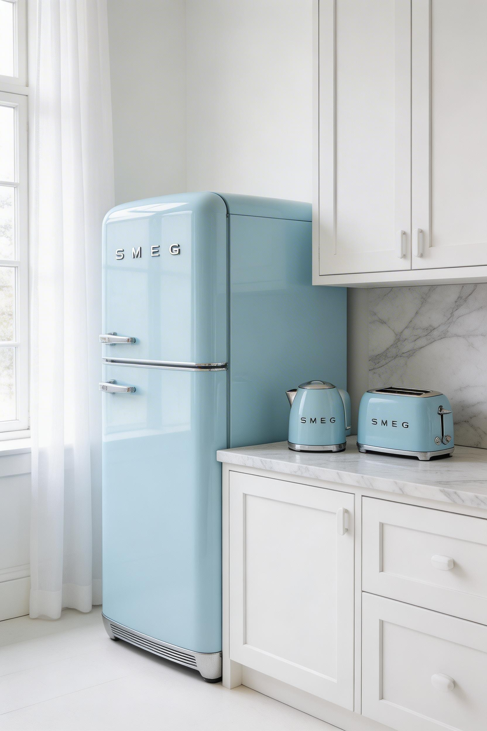 Blue retro appliances are the most commitment-free of the blue kitchen ideas — the colour comes with the appliance and leaves when it does.