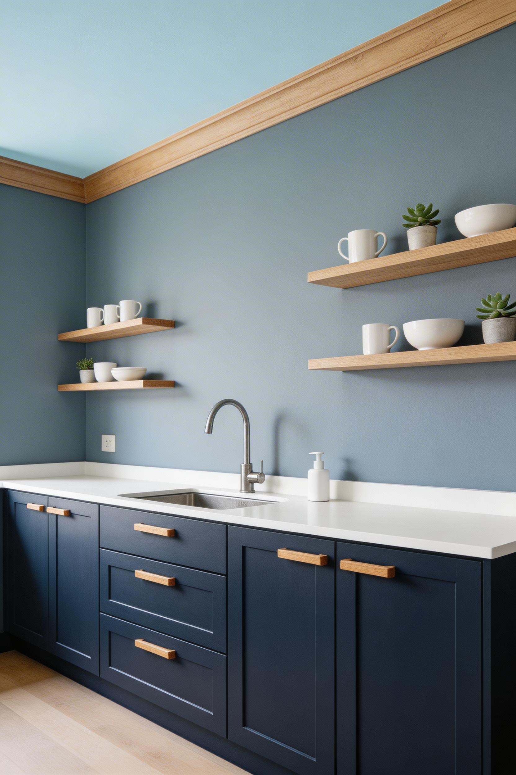 Layering multiple blue tones across cabinetry, walls, and ceiling is the most ambitious blue kitchen idea — when it works, the tonal coherence creates a room that feels considered from every angle.