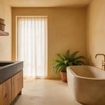 A fully realised organic bathroom combining natural stone, warm plaster, living plants, and linen textiles into a space that feels grounded in natural materials and daily ritual.