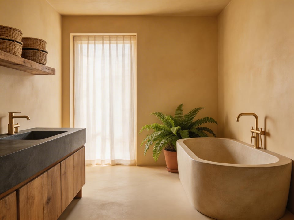 A fully realised organic bathroom combining natural stone, warm plaster, living plants, and linen textiles into a space that feels grounded in natural materials and daily ritual.