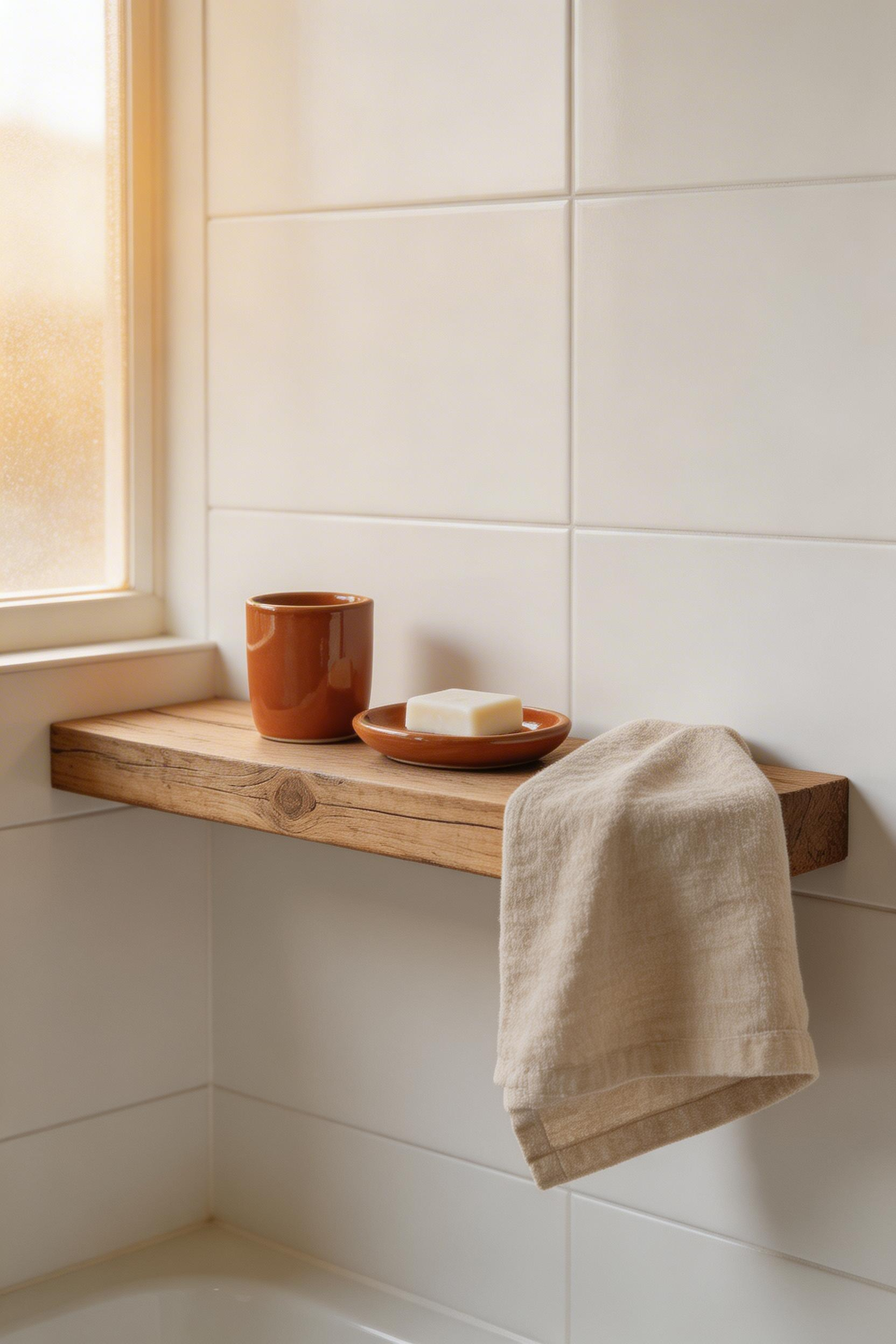 Reclaimed wood floating shelves bring age, grain character, and provenance to bathroom organic ideas, provided they are sealed correctly for the wet environment.