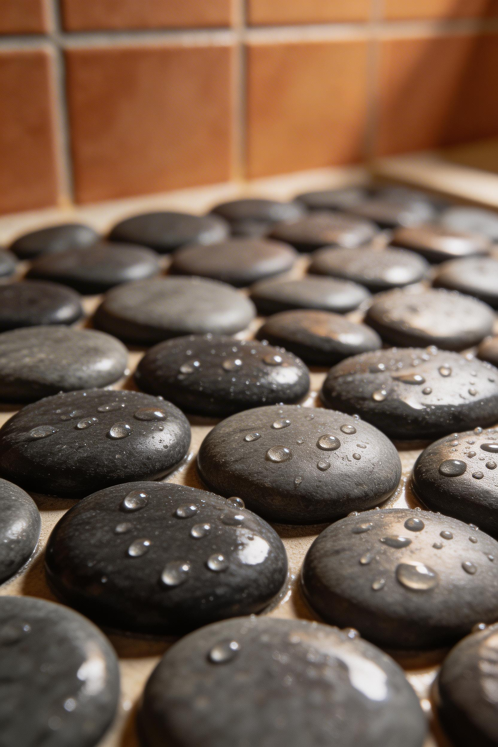 Basalt pebble mosaic shower inserts are one of the most tactile bathroom organic ideas, offering a natural reflexology-like ground in wet-area spaces.