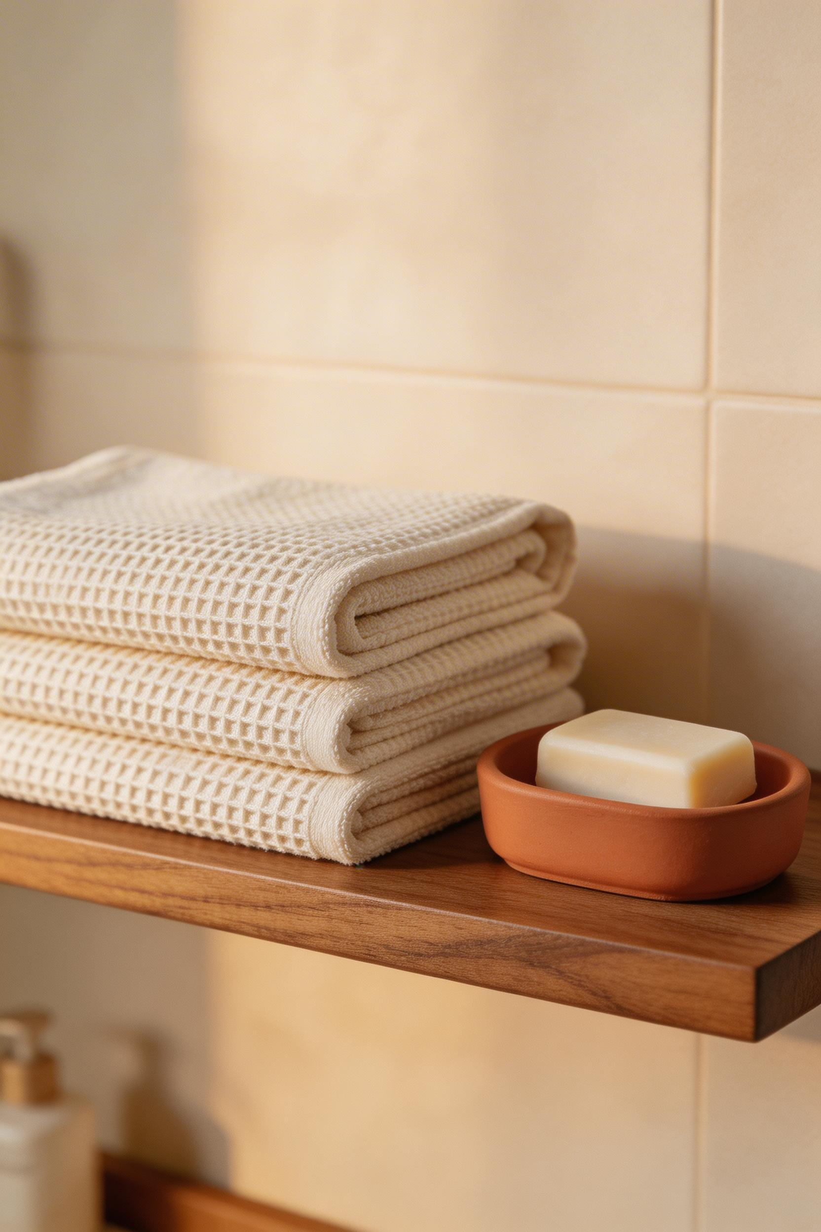 Organic cotton and linen towels in undyed natural tones are a foundational element of bathroom organic ideas, aging beautifully and feeling genuinely different against skin.
