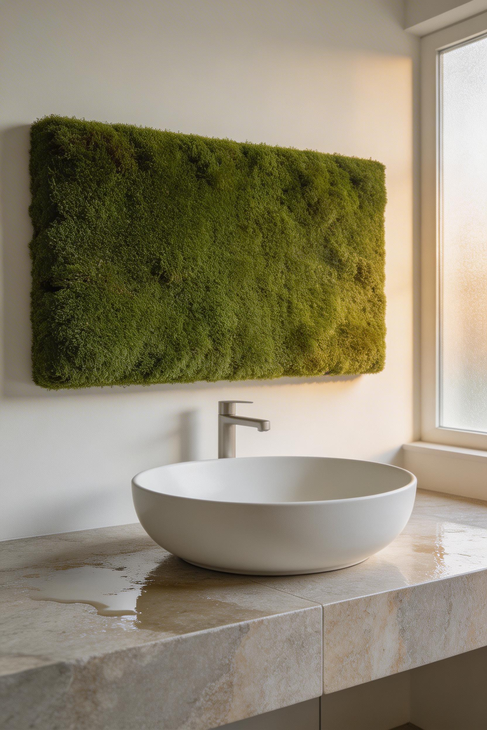 A preserved moss wall panel brings the texture of the forest floor into a bathroom organic ideas scheme, requiring no watering and lasting years without maintenance.