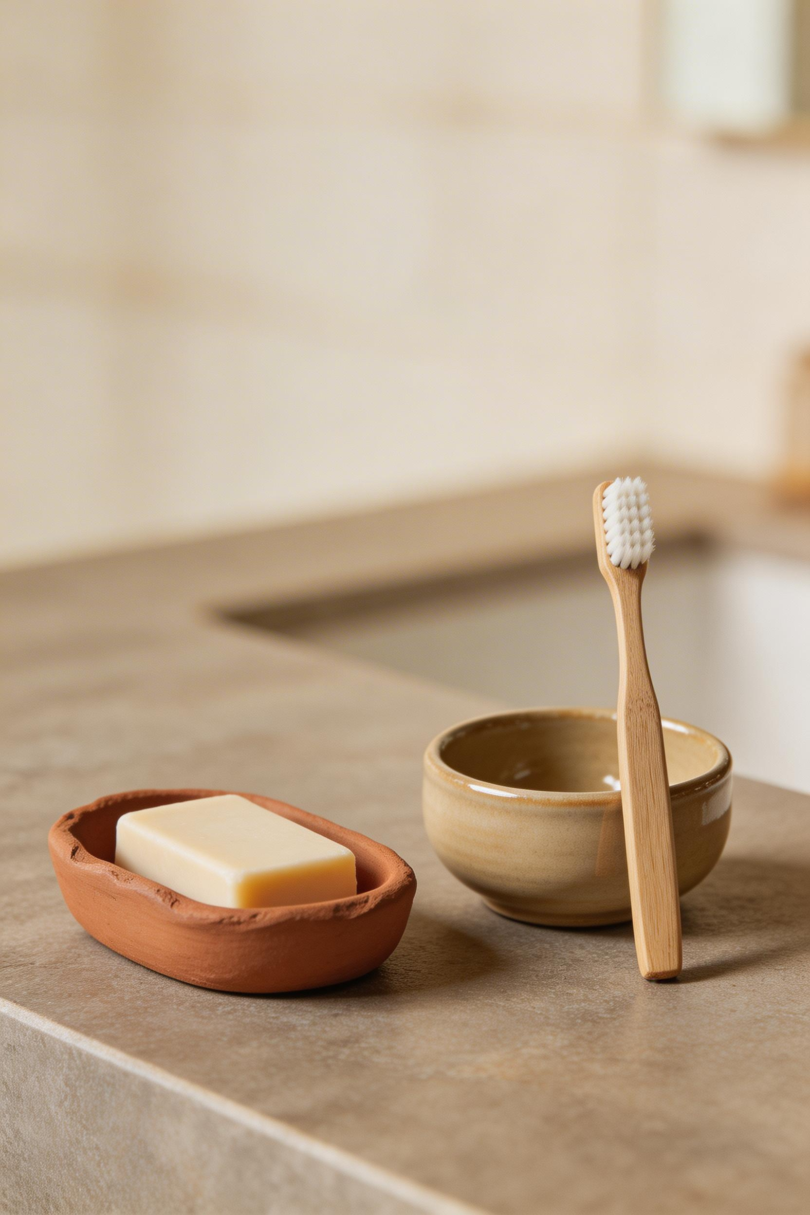 Hand-thrown ceramic accessories in earth tones bring artisan material quality to bathroom organic ideas, providing the small details that complete a natural material palette.
