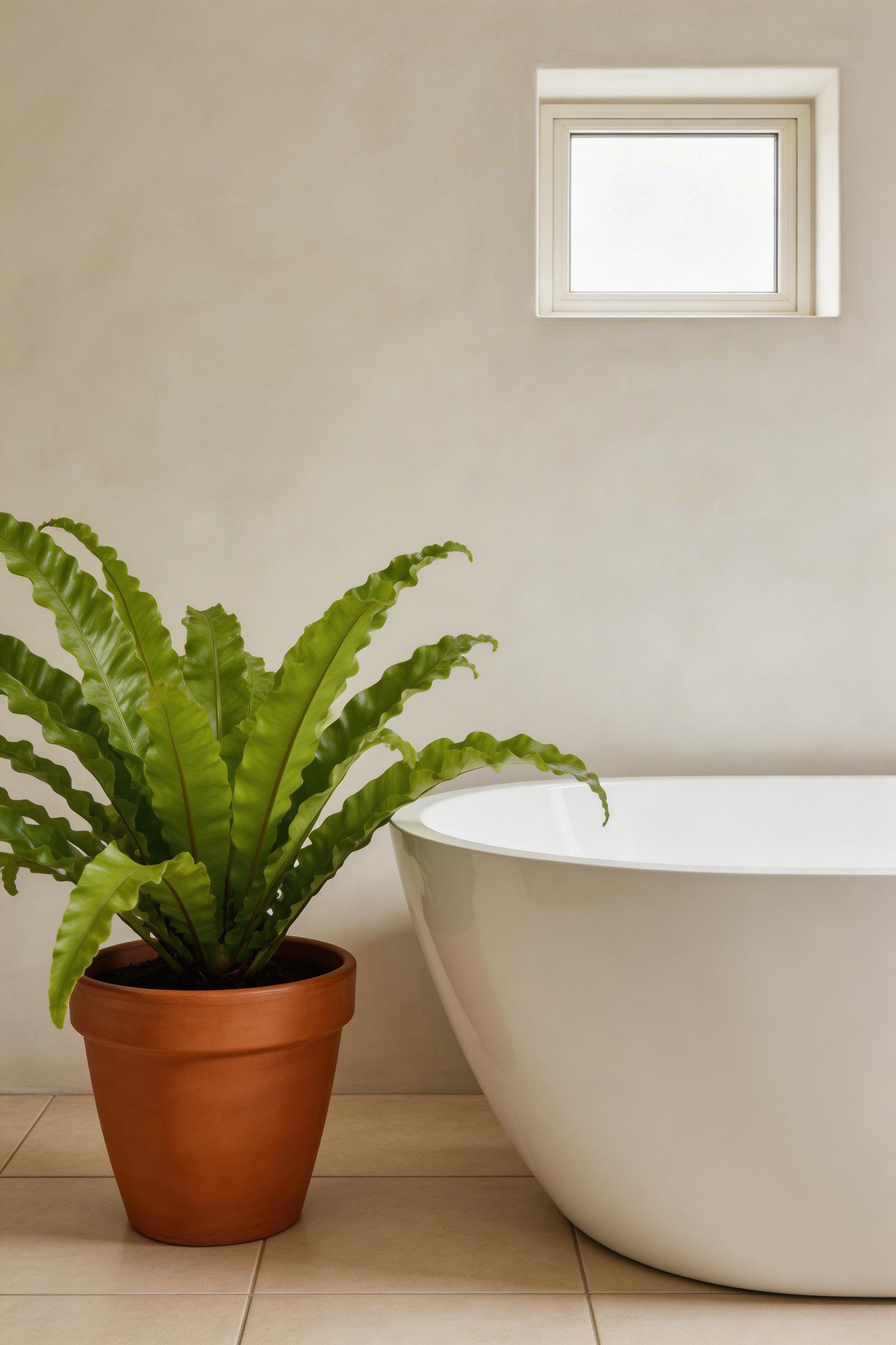 A generously sized bird's nest fern brings forest-floor humidity and texture to bathroom organic ideas, thriving in the conditions most houseplants reject.