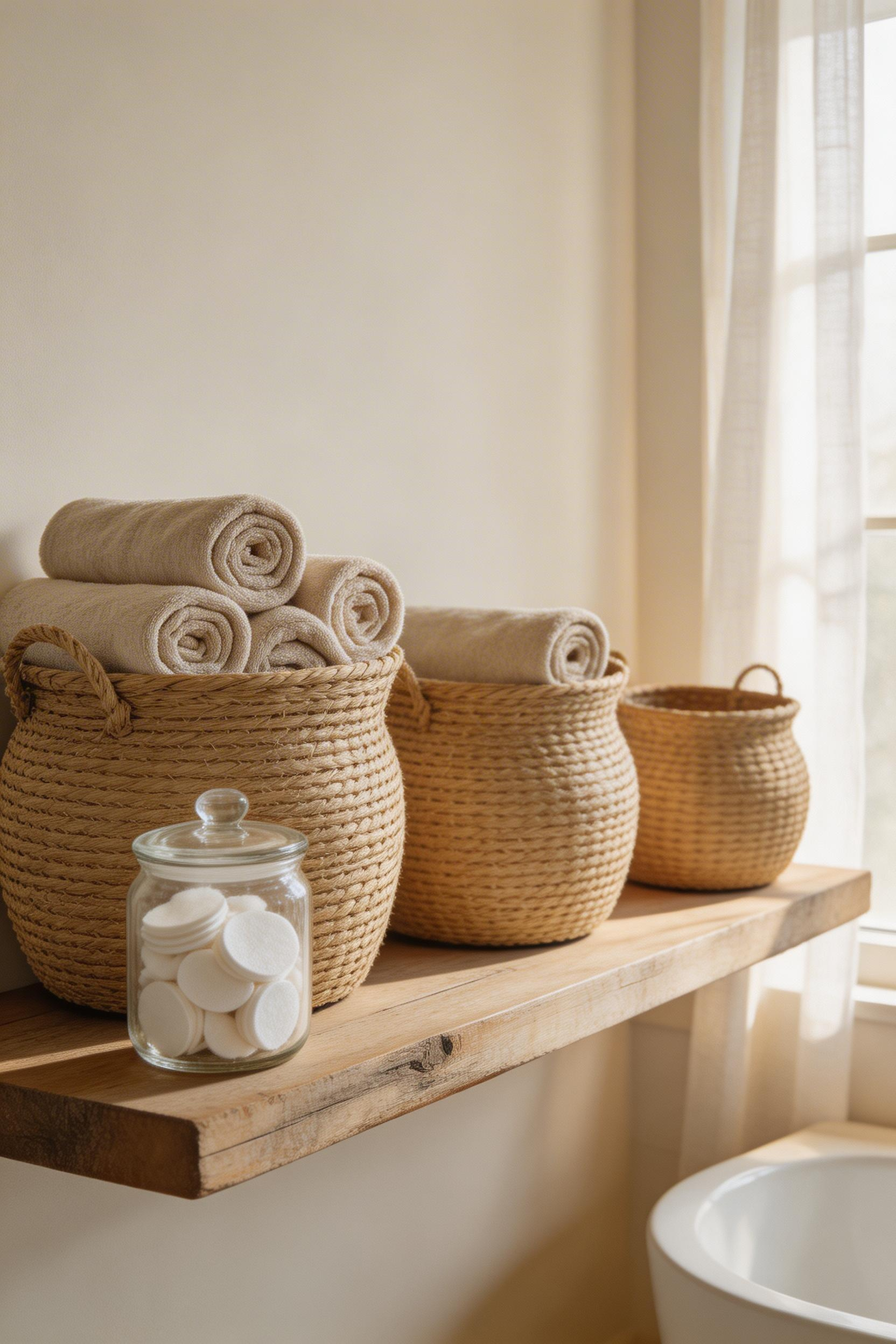 Woven seagrass baskets in graduated sizes bring natural texture and plastic-free storage to bathroom organic ideas, working hardest when kept to a consistent weave and palette.