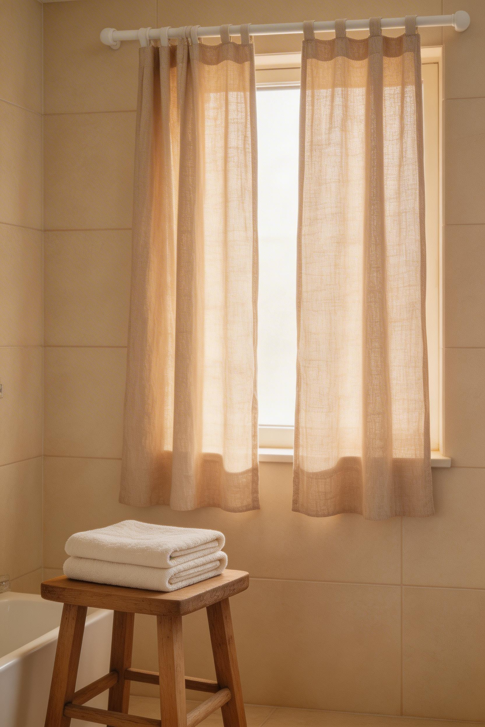 Unlined linen panels filter bathroom light into a warm, organic quality that supports the natural material palette of bathroom organic ideas without blocking natural illumination.