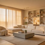 A curated modern living room combining low furniture, ceiling-height drapes, layered lighting, and deliberate material mixing — the result of applying the best modern living room ideas in combination.